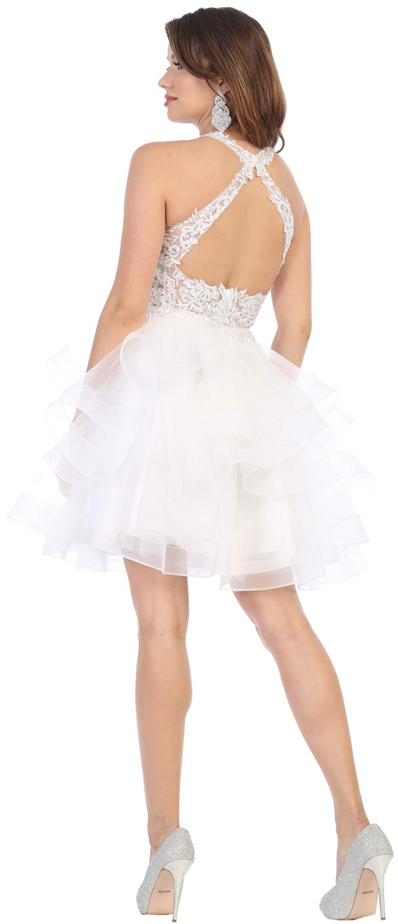 FDS1700 Women's Elegant Embroidered Halter Cocktail Dress - White Size 10 | Perfect for Evening Parties, Weddings & Special Occasions