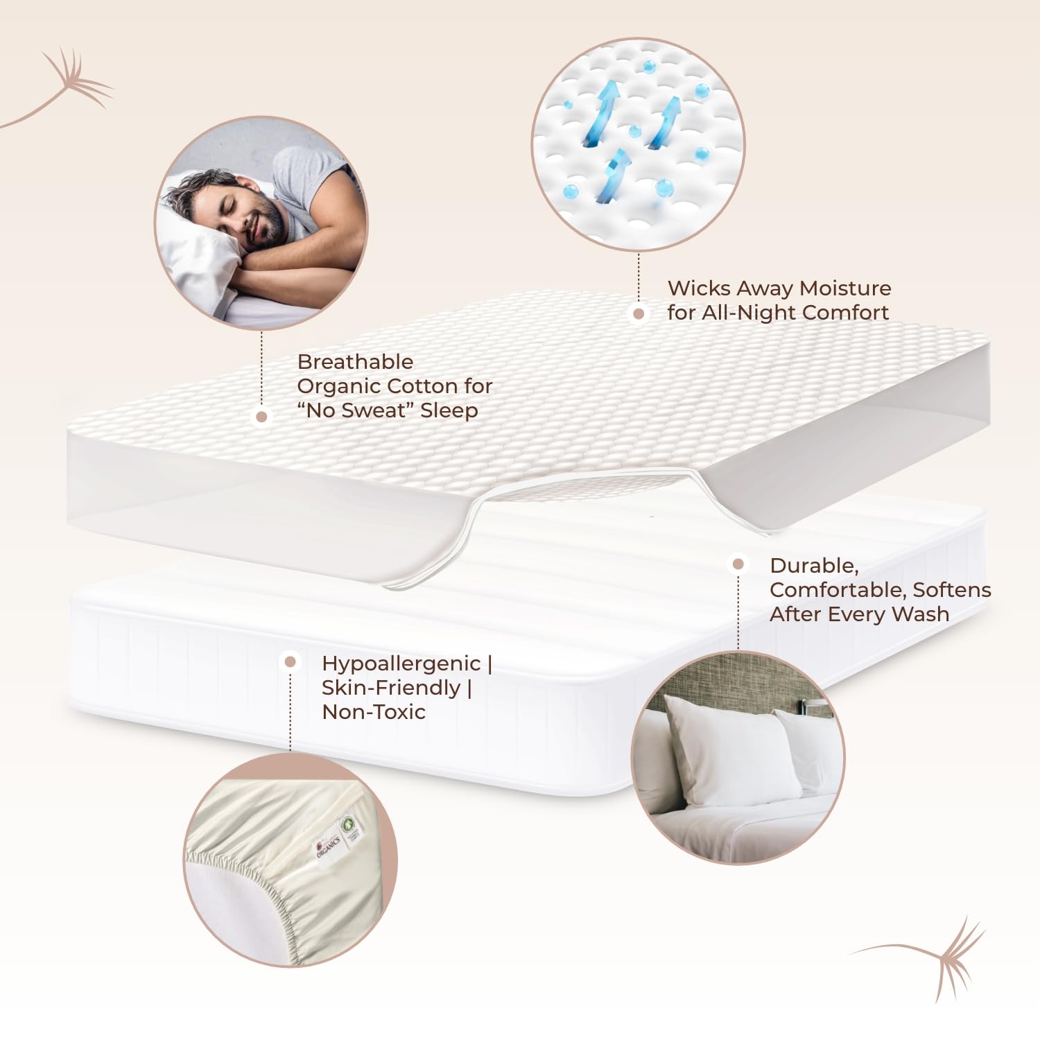 Organic Cotton Mattress Pad Cal King - 300GSM Breathable Cooling Mattress Protector, Noiseless & Machine Washable - Premium Quilted Bedding for Hot Sleepers & Allergy Relief (Ivory, California King Size) - Perfect for Master Bedrooms, Guest Rooms & Eco-Friendly Homes