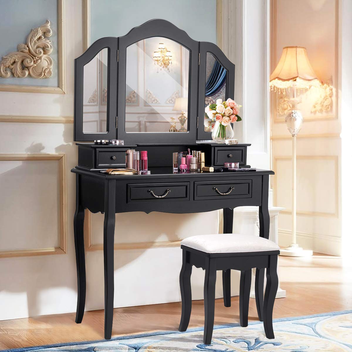 Vanity Table Set with Stool & Mirror - 4-Drawer Multifunctional Makeup & Writing Desk, Tri-Folding Mirror & Cushioned Stool - Perfect for Home Bedroom, Dressing Room & Beauty Salon (Black)