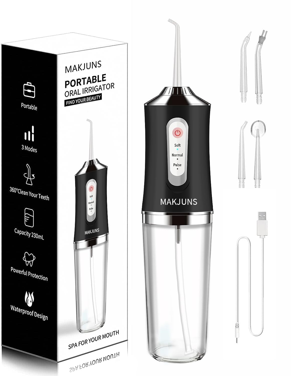 MAKJUNS Cordless Water Flosser for Teeth Cleaning - Rechargeable Dental Irrigator with 3 Modes & 4 Jet Tips, IPX7 Waterproof, Portable Oral Care for Travel, Home, Braces (Luxury Black) - Perfect for Daily Oral Hygiene & Teeth Whitening