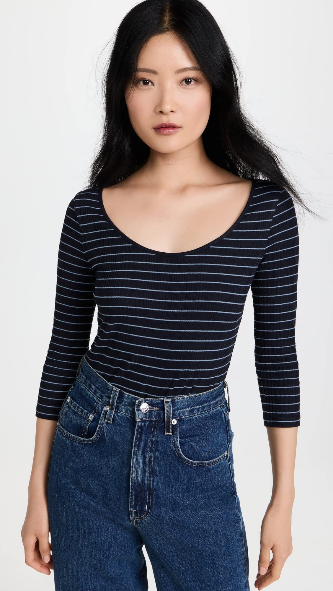 Vince Women's Striped Rib Long Sleeve T-Shirt - Soft Cotton Casual Top for Everyday Wear, Office & Outings