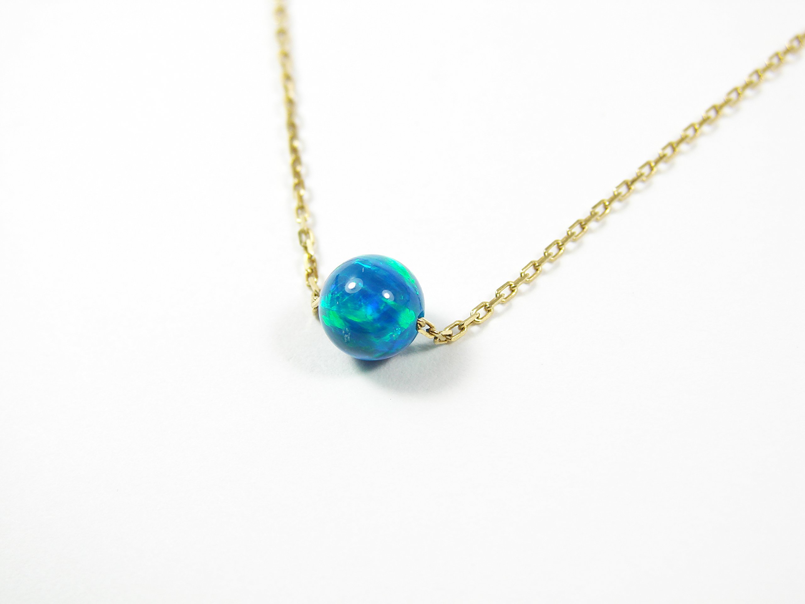 Peacock Blue Opal Ball Gold Plated Sterling Silver Necklace - Elegant Little Opal Bead Dot Necklace for Everyday Wear & Special Occasions