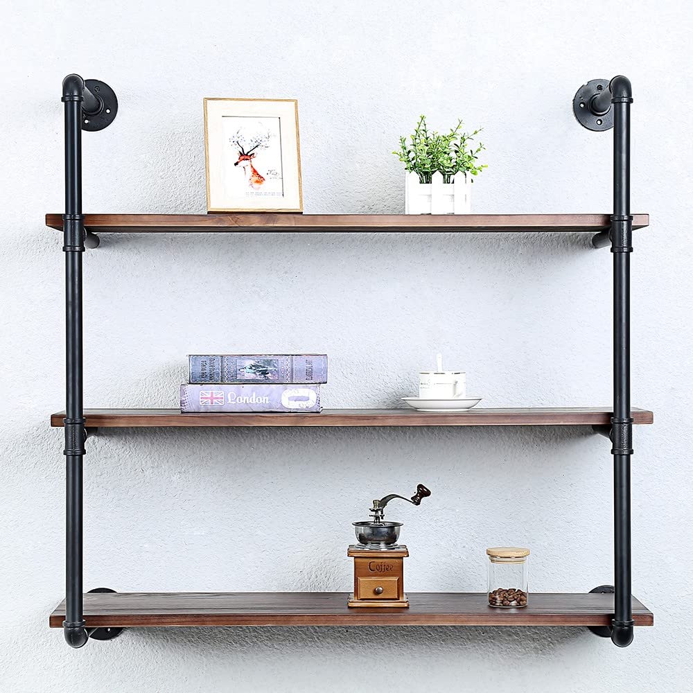 Industrial Pipe Shelving Wall Mounted - 36 Inch Rustic Metal Floating Shelves with Real Wood, Steampunk Style Bookcase, 3-Tier Farmhouse Kitchen Bar Shelving Unit for Home, Office & Retail Display