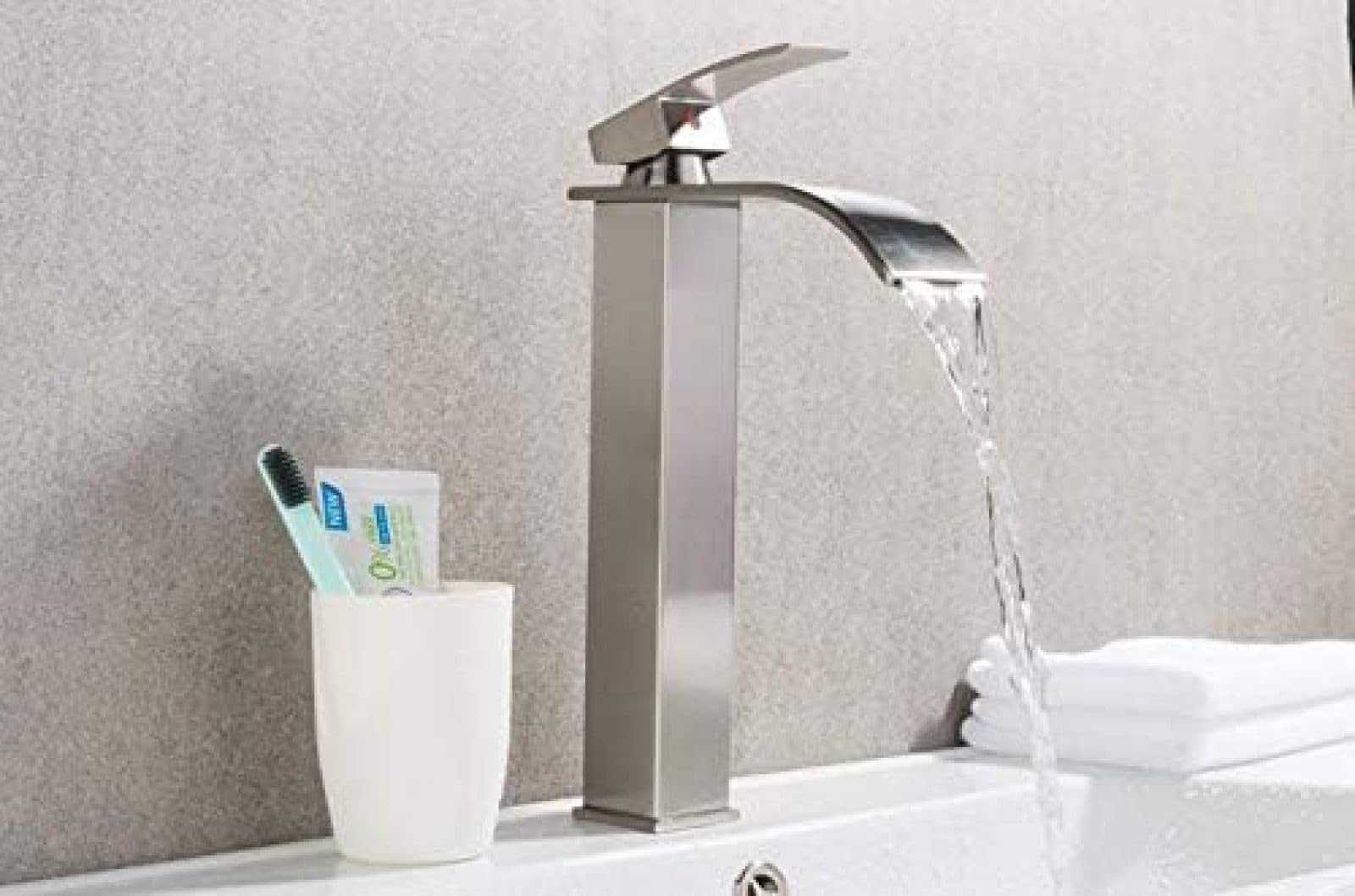 CRJUS Brushed Nickel Single Handle Bathroom Faucet - High Arc Waterfall Basin Tap with Hot & Cold Mixer - Perfect for Modern Vanity Sinks and Luxury Bathroom Renovations