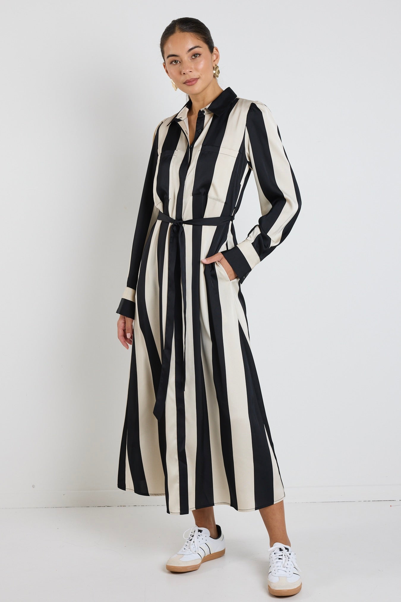 Stylish Cyprus Black Sand Stripe Satin Long Sleeve Midi Dress for Women | Elegant Office Wear & Evening Party Outfit