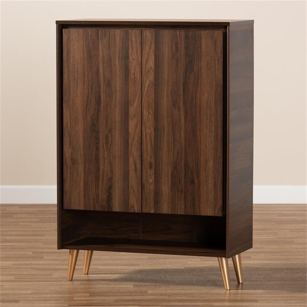 BOWERY HILL Mid-Century Modern 2-Door Shoe Storage Cabinet - Solid Wood Entryway Organizer with Adjustable Shelves, Brown - Perfect for Small Spaces, Hallways & Closet Organization