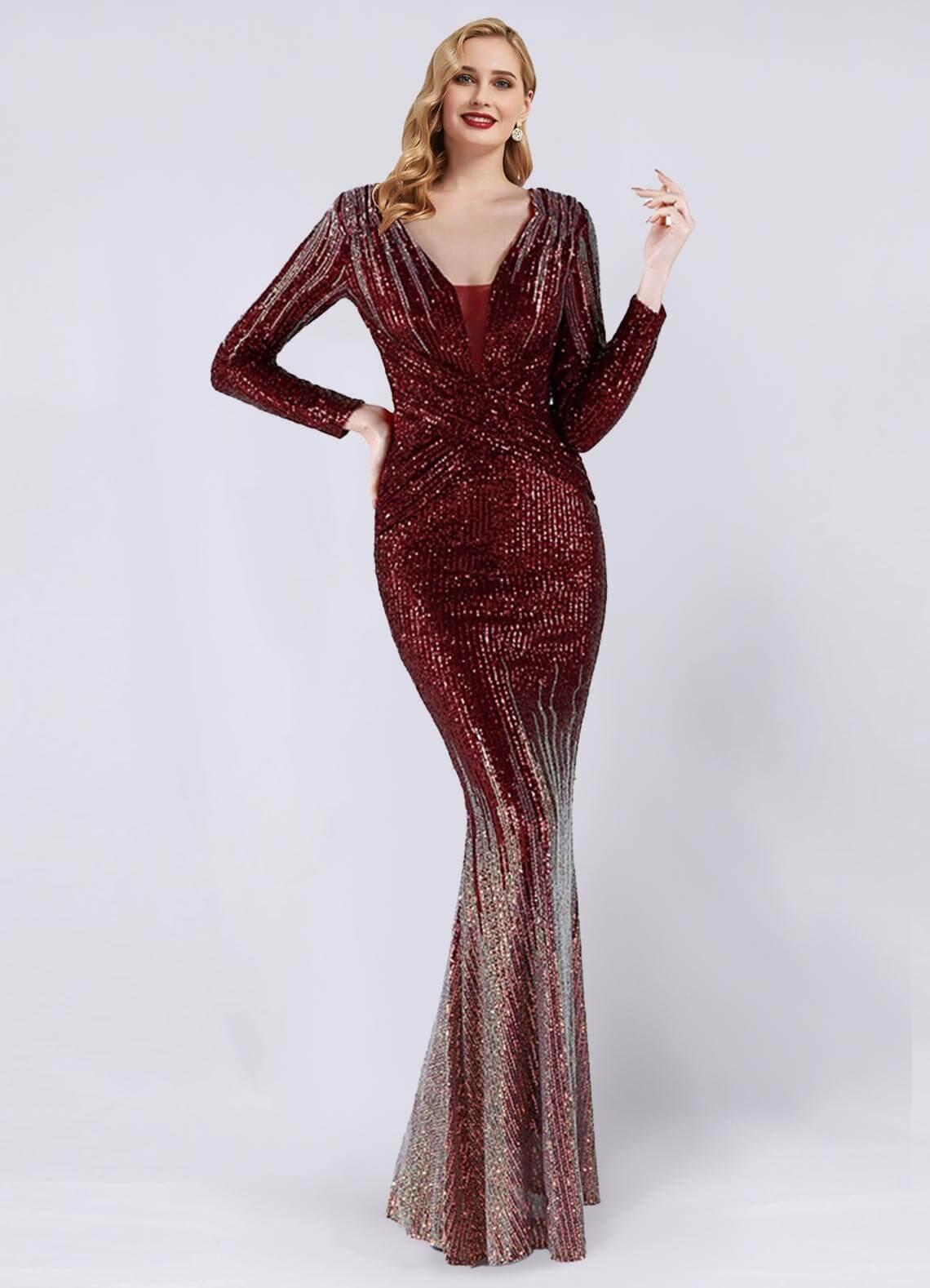 Elegant Burgundy Sequin Long Sleeve V-Neck Floor-Length Formal Gown for Women - Perfect for Evening Parties, Prom, Homecoming & Special Occasions