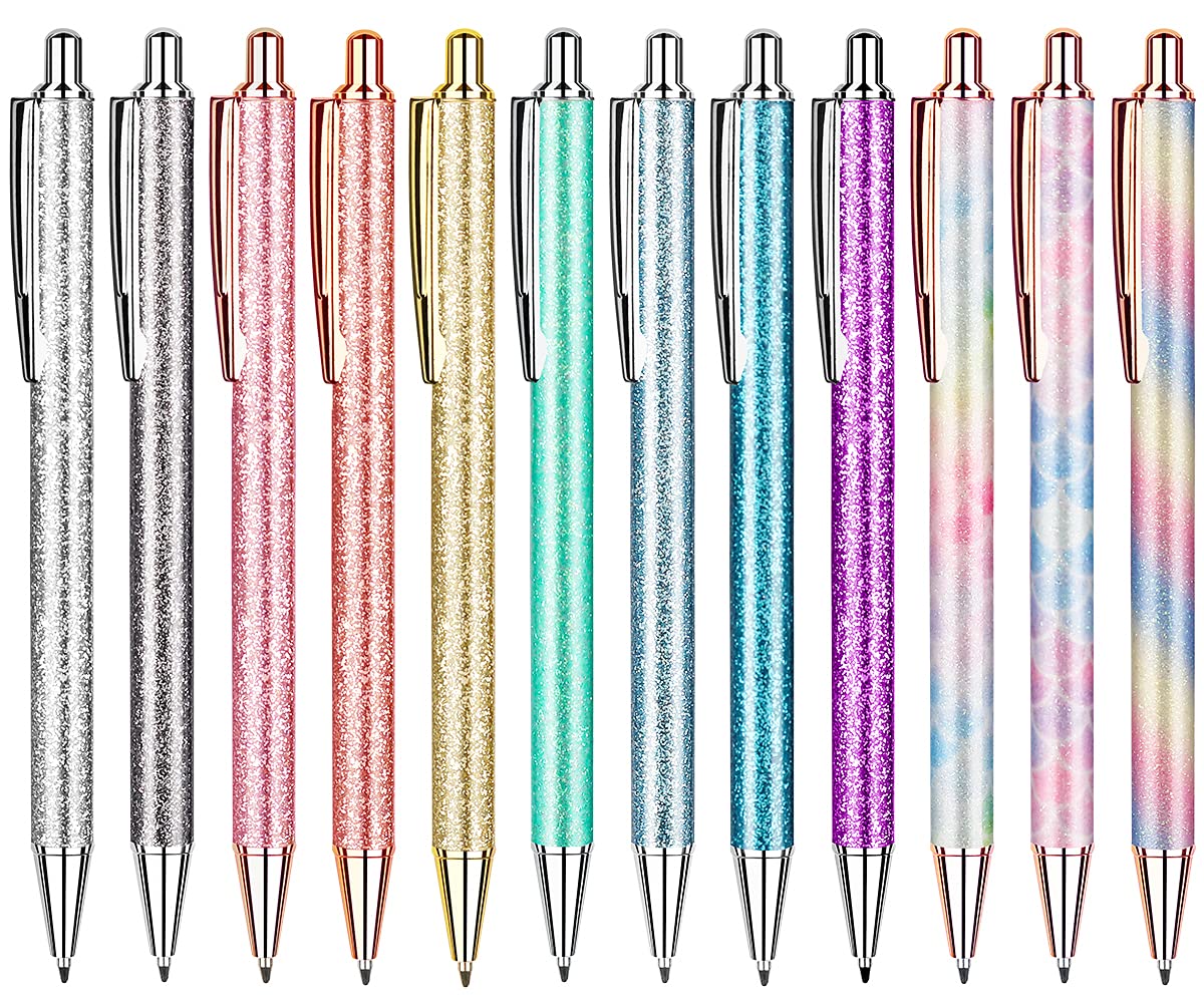Unibene 12 Pack Glitter Ballpoint Pens - Cute Retractable Metal Pens for Women & Girls, 12 Vibrant Colors with Black Ink (1mm Medium Point) - Perfect for Journaling, Office Work, School Supplies & Gift Giving