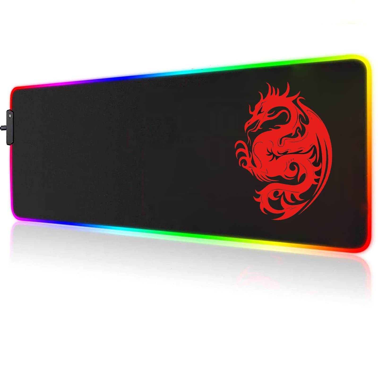 RGB Gaming Mouse Pad with 15 LED Light Modes - Large Extended Keyboard Mouse Mat (31.5x12in) for PC Gamers - Dragon Design Non-Slip Surface - Perfect for Gaming Setups, Office Work & Streaming (Red)