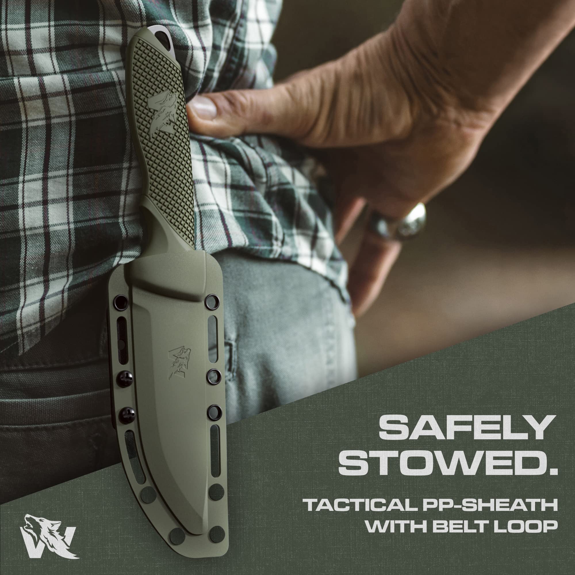 W-FLAT Full Tang Survival Knife with Sheath - D2 Steel Tactical Fixed Blade - Bushcraft, Camping & Hunting Knife - TPE Handle for Secure Grip - Perfect for Outdoor Adventures, Wilderness Survival & Everyday Carry (EDC)