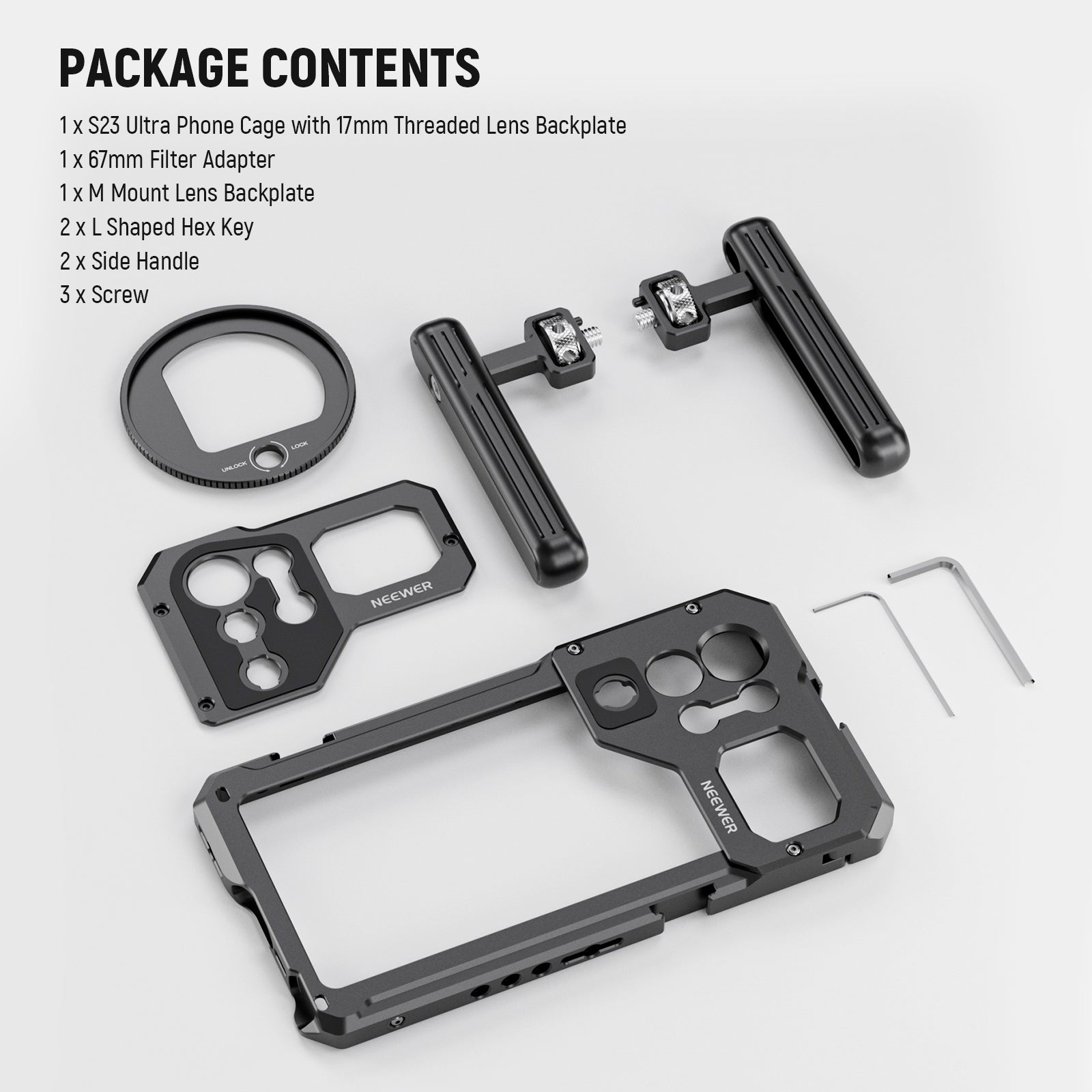NEEWER PA021 Handheld Video Cage with Filter Thread Adapter for Samsung Galaxy S23 Ultra - Perfect for Vlogging, Filmmaking & Mobile Photography