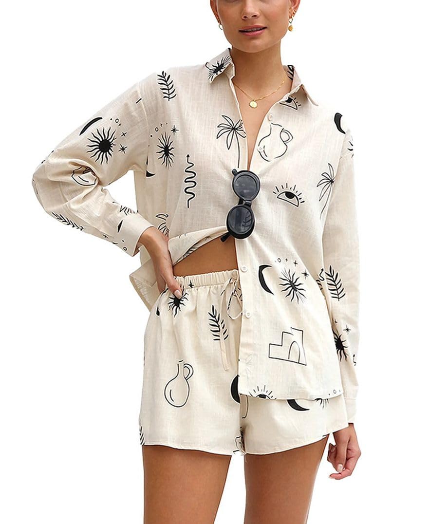 THLAI Women's 2-Piece Lounge Set - Long Sleeve Printed Shirt & Casual Shorts | Comfy Tracksuit for Home, Travel & Hawaii Vacation Outfits | Soft Matching Pajama Set for Women
