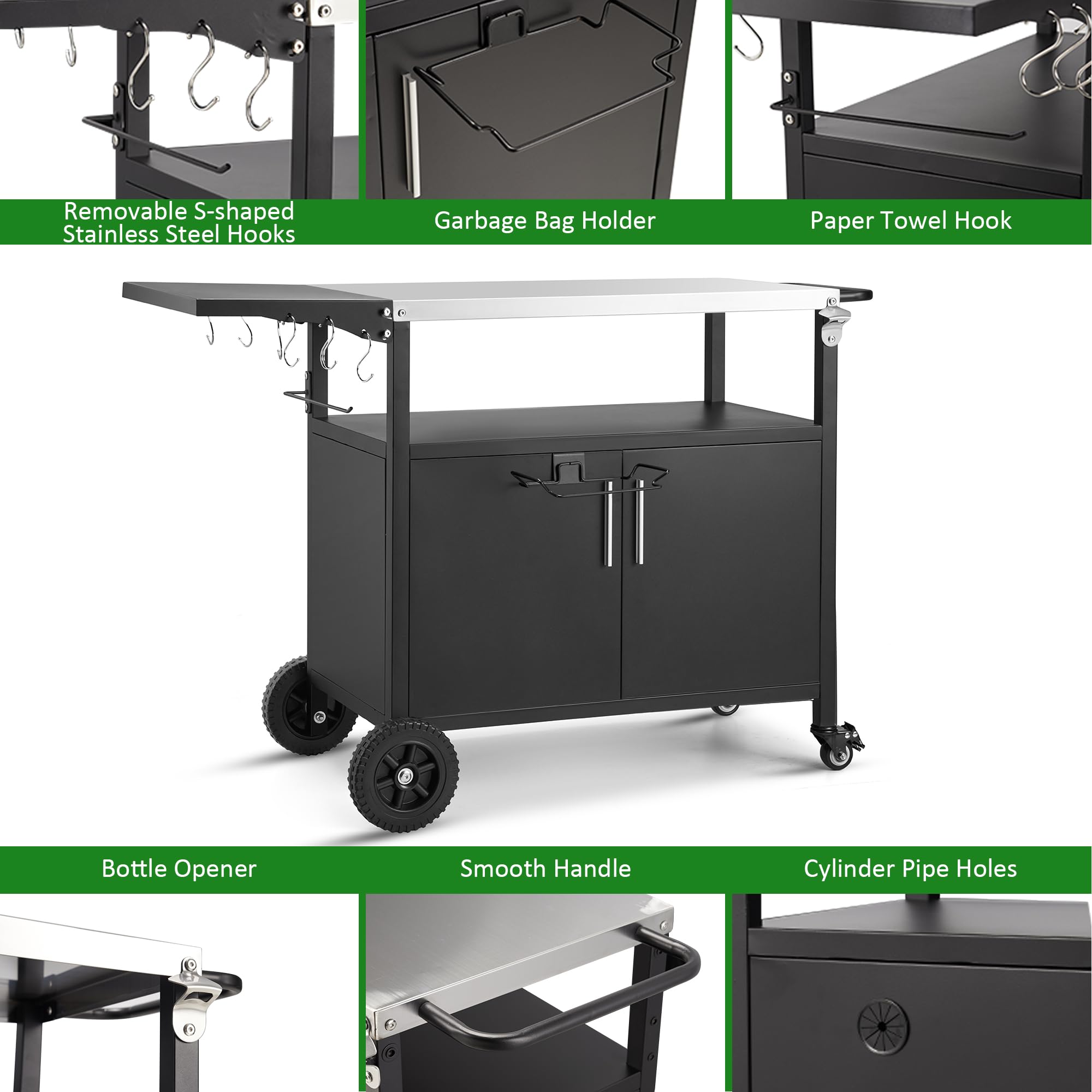 Portable Outdoor Grill Cart with Storage Cabinet - Movable BBQ Food Prep Table & Pizza Oven Stand for Backyard, Patio, Garden - Perfect for Outdoor Cooking, Entertaining & Storage Solutions