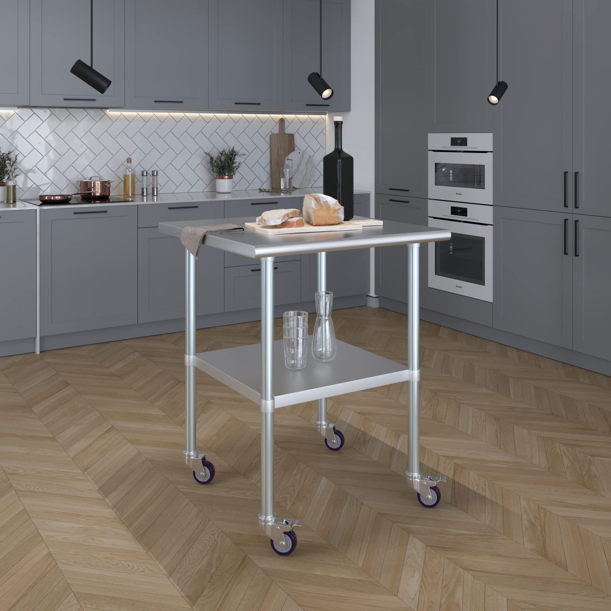 AmGood 30x30 Inch Stainless Steel Work Table with Wheels - Heavy Duty Rolling Utility Table for Kitchen, Restaurant & Commercial Use | Mobile Prep Island Cart for Food Service, Catering & Home Cooking