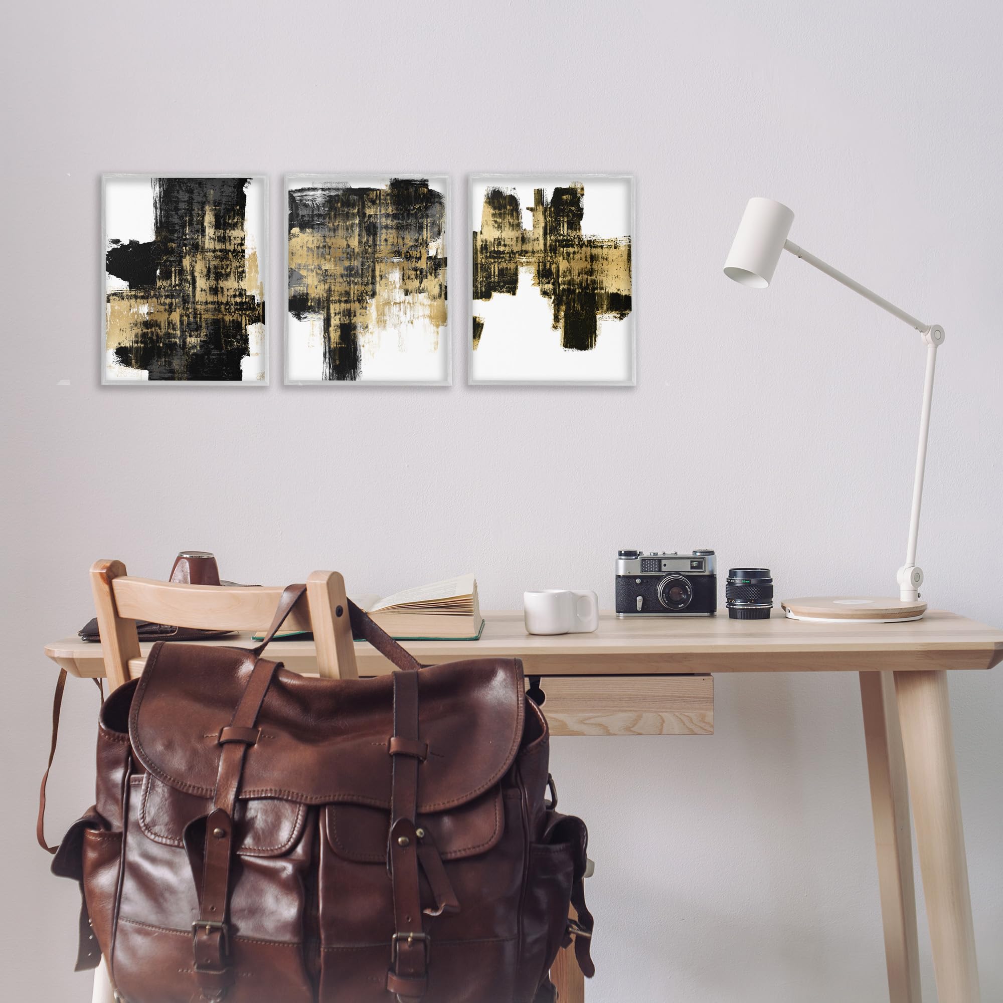 Stupell Industries 3-Piece Bold Black Brushstrokes & Golden Distressed Accent Wall Art Set - Grey Framed, 11x14 Inches Each - Modern Home Decor for Living Room, Bedroom & Office