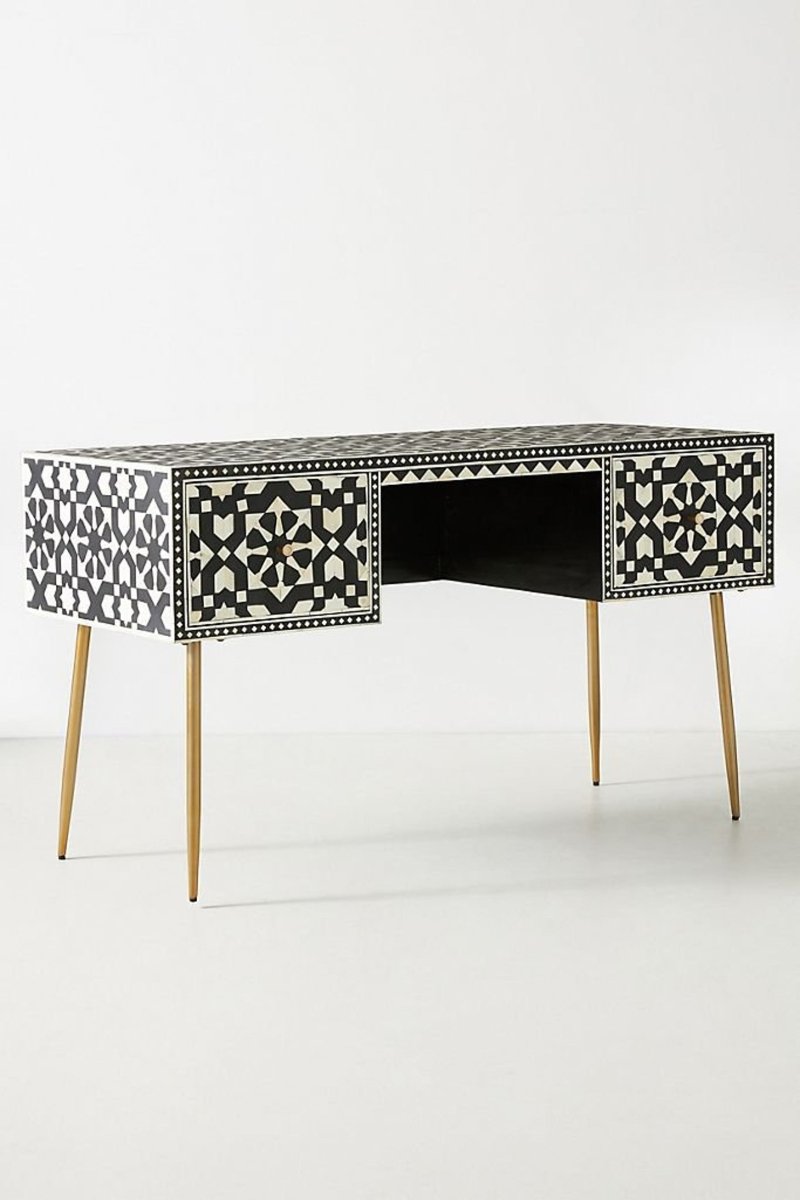 Handmade Black Moroccan Bone Inlay Work Table - Elegant Laptop Desk for Home Office, Study & Workspace Decor