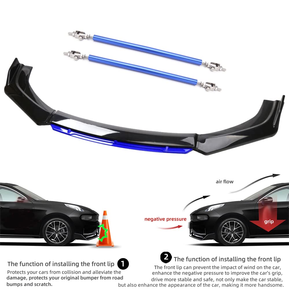 Universal Front Bumper Lip Body Kit - Glossy Black & Blue ABS Front Spoiler Splitter with 11”-13