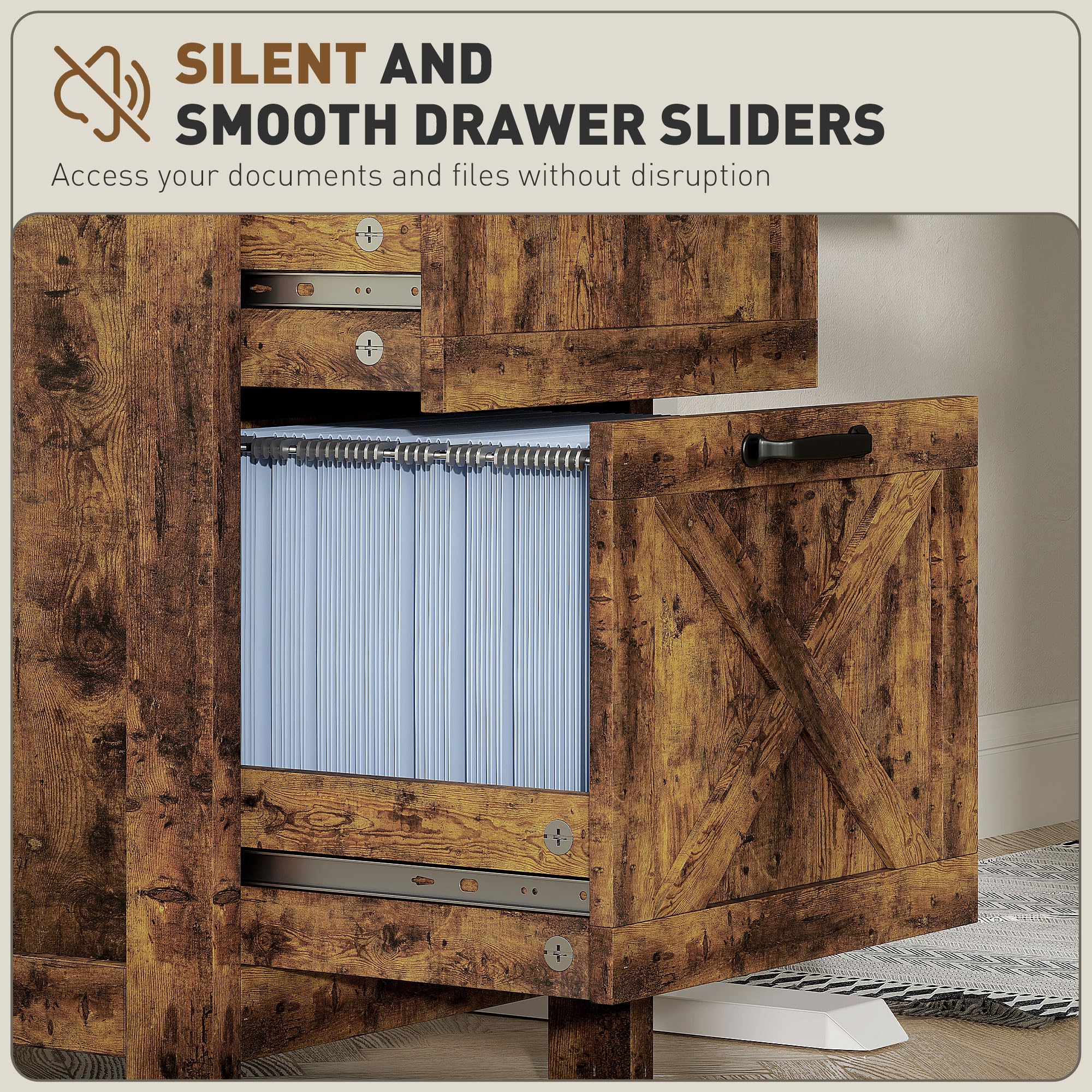 HOMCOM 3-Drawer Vertical File Cabinet with Silent Slides - Rustic Brown Farmhouse Office Storage for A4/Letter Documents, Printer Stand - Perfect for Home Office Organization & Workspace Storage Solutions