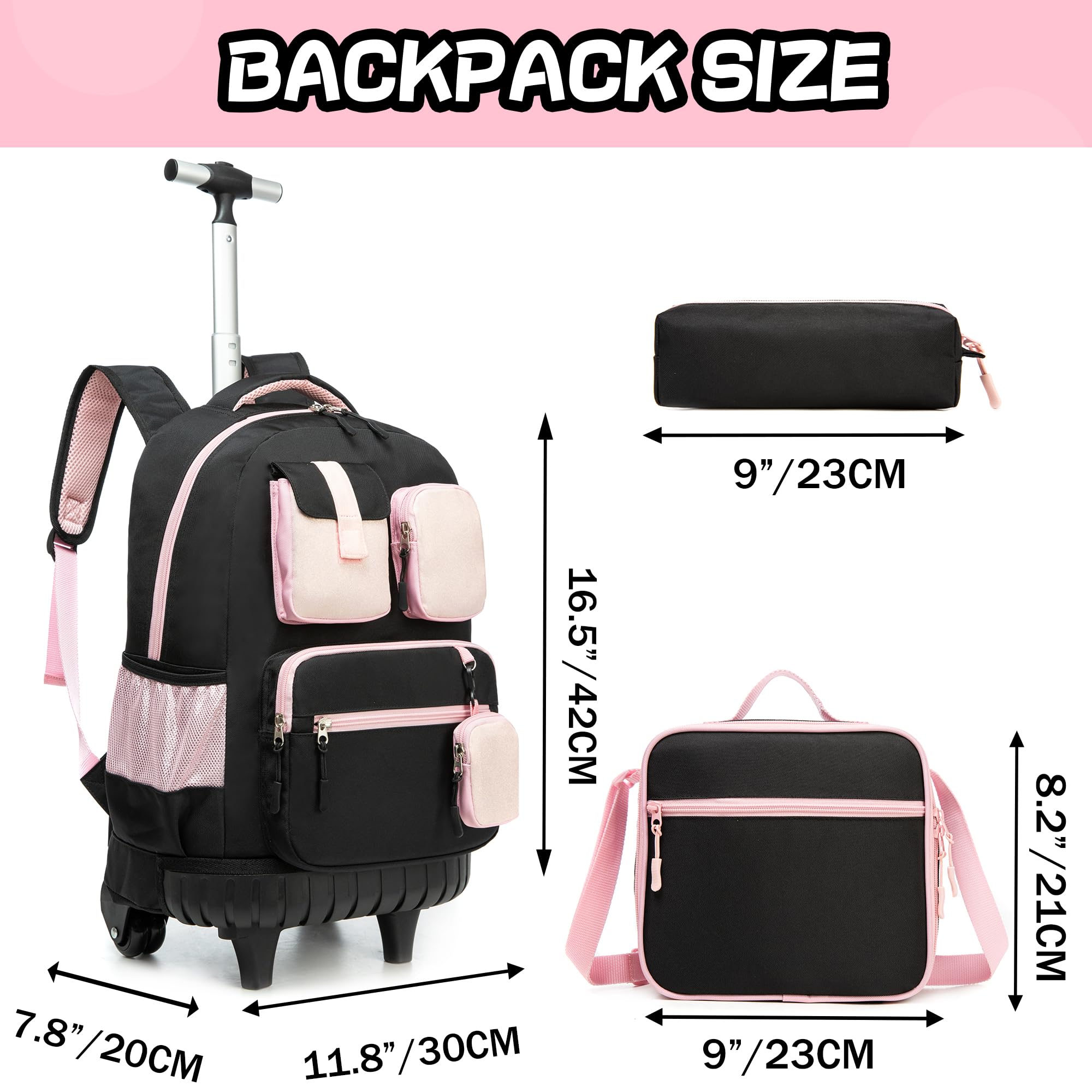 Rolling Backpack for Girls 8-12 - Wheeled School Backpack with Lunch Box Set - Durable Black Roller Backpack for Teens - Perfect for School, Travel & Daily Commute
