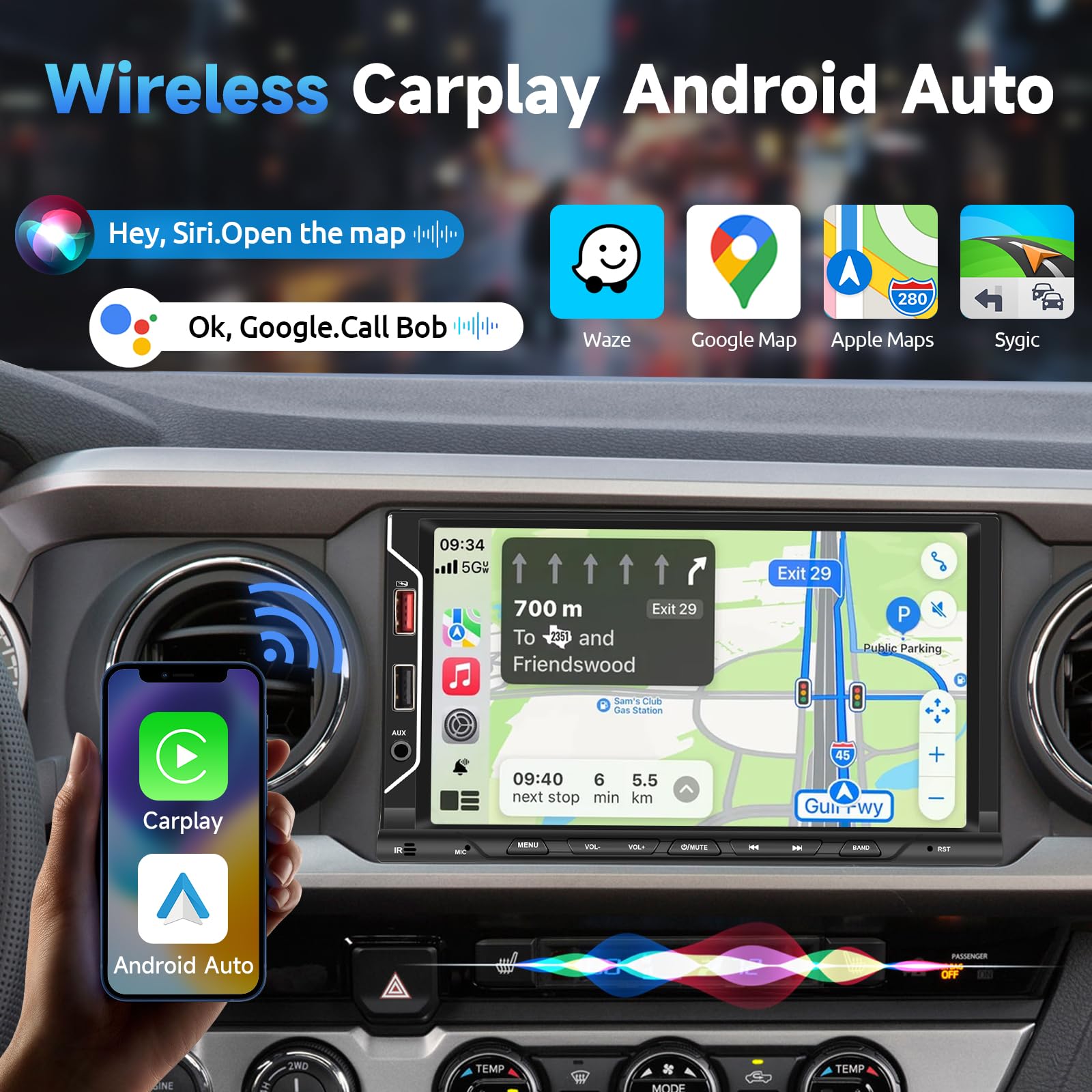Podofo 7-inch Wireless CarPlay & Android Auto Double Din Car Stereo - Bluetooth 5.1 Touch Screen Car Radio with FM, USB, AUX, TF Card & Rear View Camera - Universal Car Multimedia Player for Road Trips & Daily Commuting