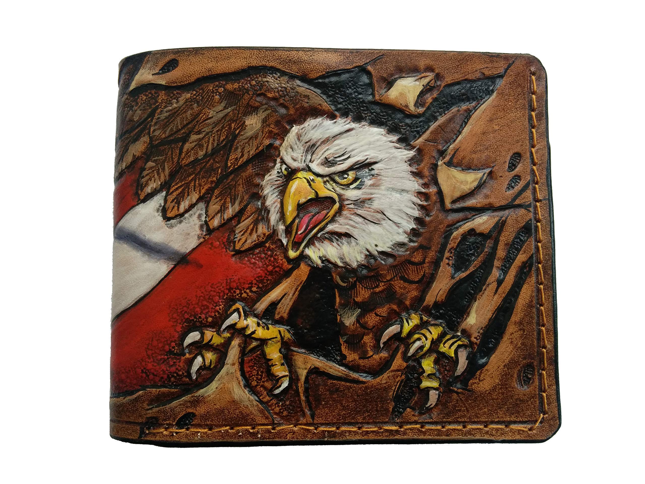USA Flag Patriotic Military RFID Bifold Wallet for Men - Genuine Leather Handmade Biker Wallet with Bald Eagle & American Flag Embossed Design - Perfect for Veterans, Independence Day & Everyday Carry