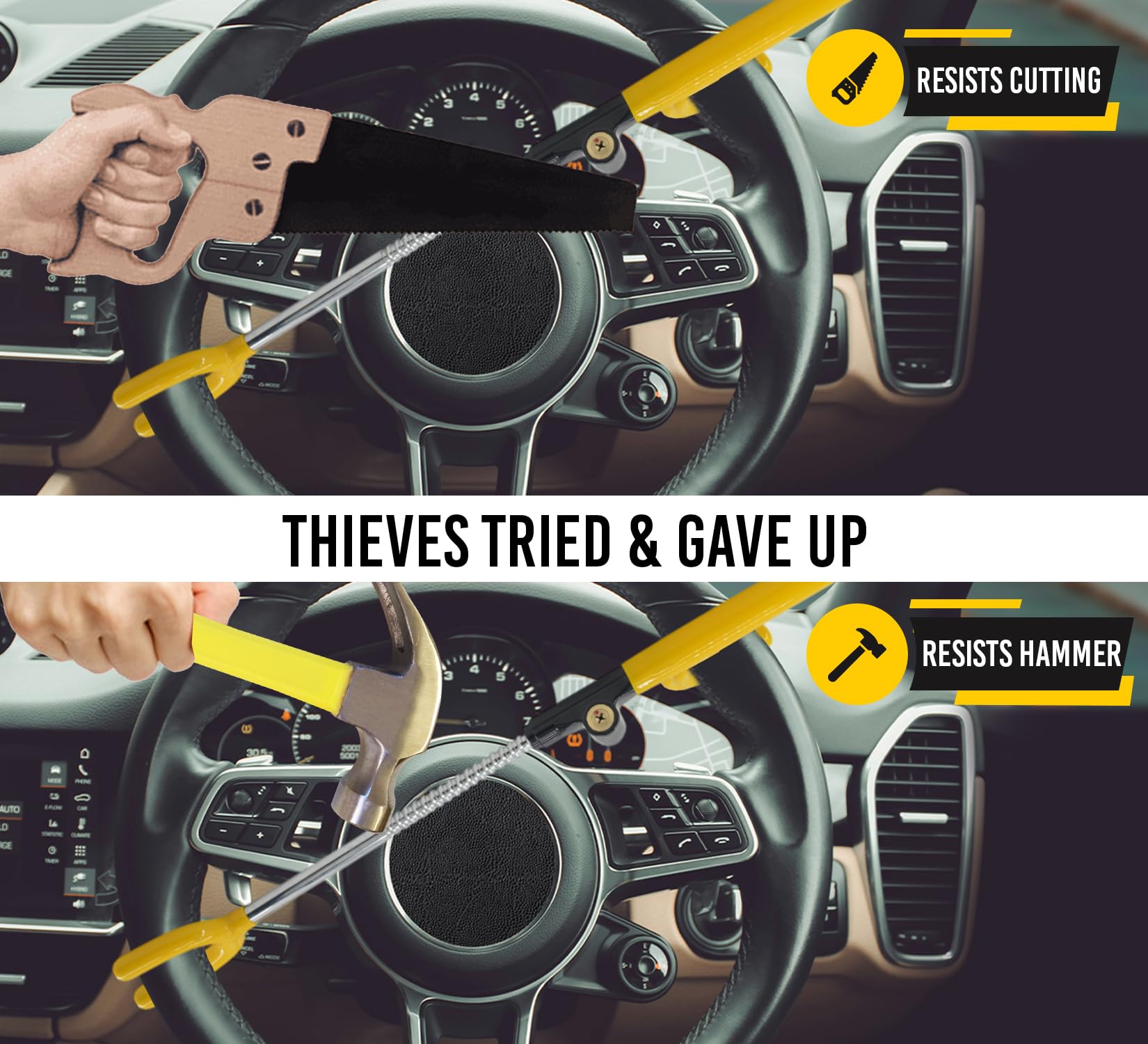 Ultra Secure Anti-Theft Car Steering Wheel Lock - No Scratch Dual Hooks & Double Metal Bars for Cars & Trucks | Perfect for Parking Security & Vehicle Protection
