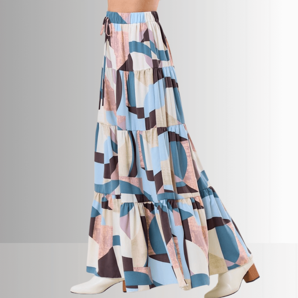 Malani Abstract Print Maxi Skirt for Women - Boho Flowy Long Skirt with Elastic Waist, Beach Vacation & Summer Outfits