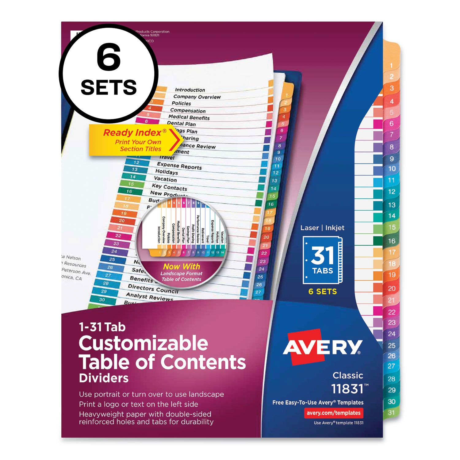 Avery® Customizable Table of Contents Dividers - 31 Multicolor Tabs (1-31), 11