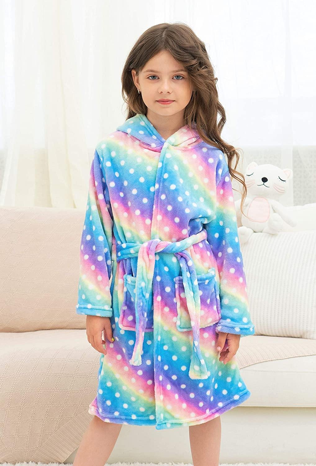 Soft & Cozy Unicorn Dots Bathrobe for Women & Girls - Plush Fleece Robe with Hood for Spa, Lounge & Relaxation at Home