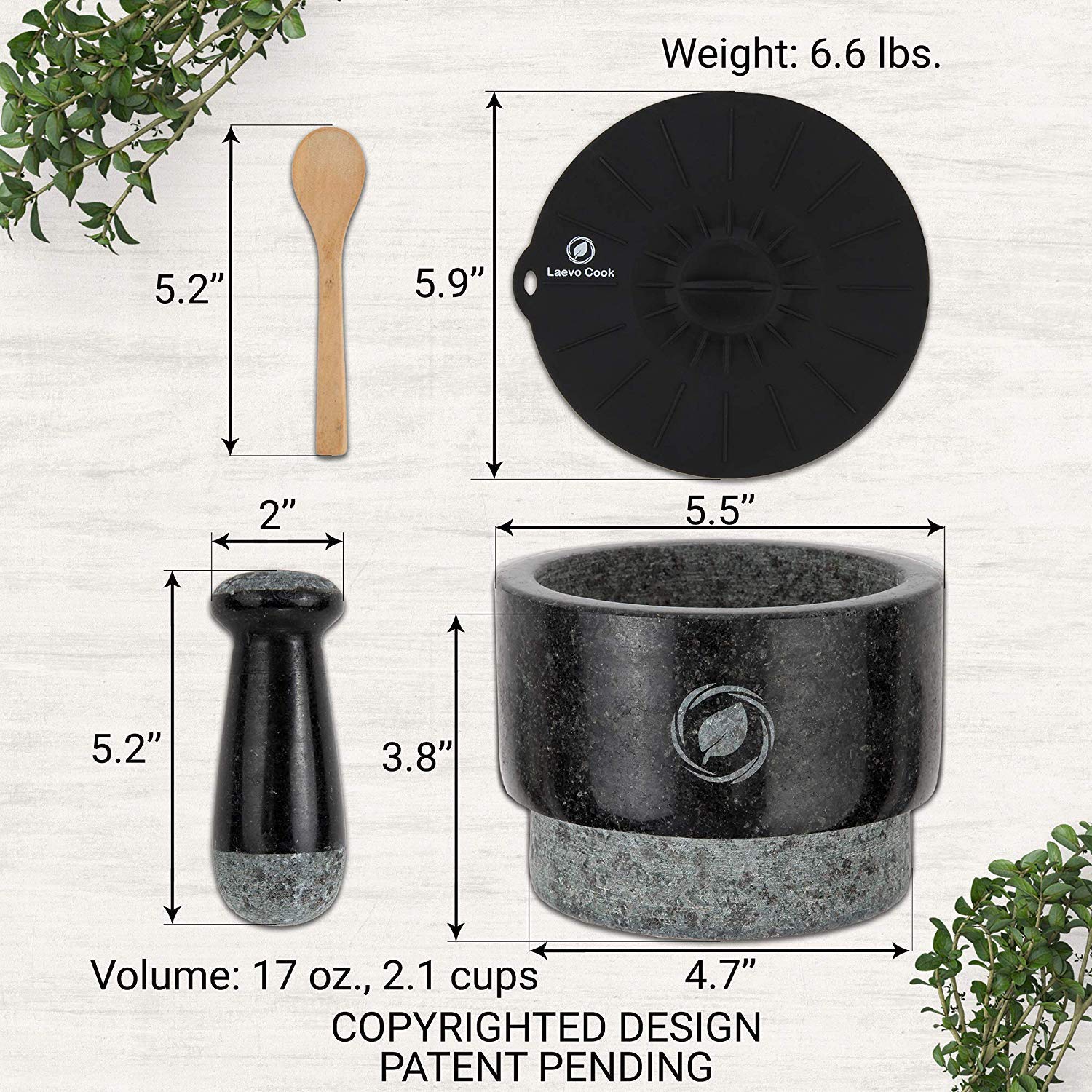 Premium Black Granite Mortar and Pestle Set - 2.1 Cup (5.5 Inch) Large Capacity Stone Spice Grinder & Molcajete - Perfect for Guacamole, Herbs, Spices, Garlic - Ideal for Mexican Cooking, Kitchen, Restaurants, and Home Use