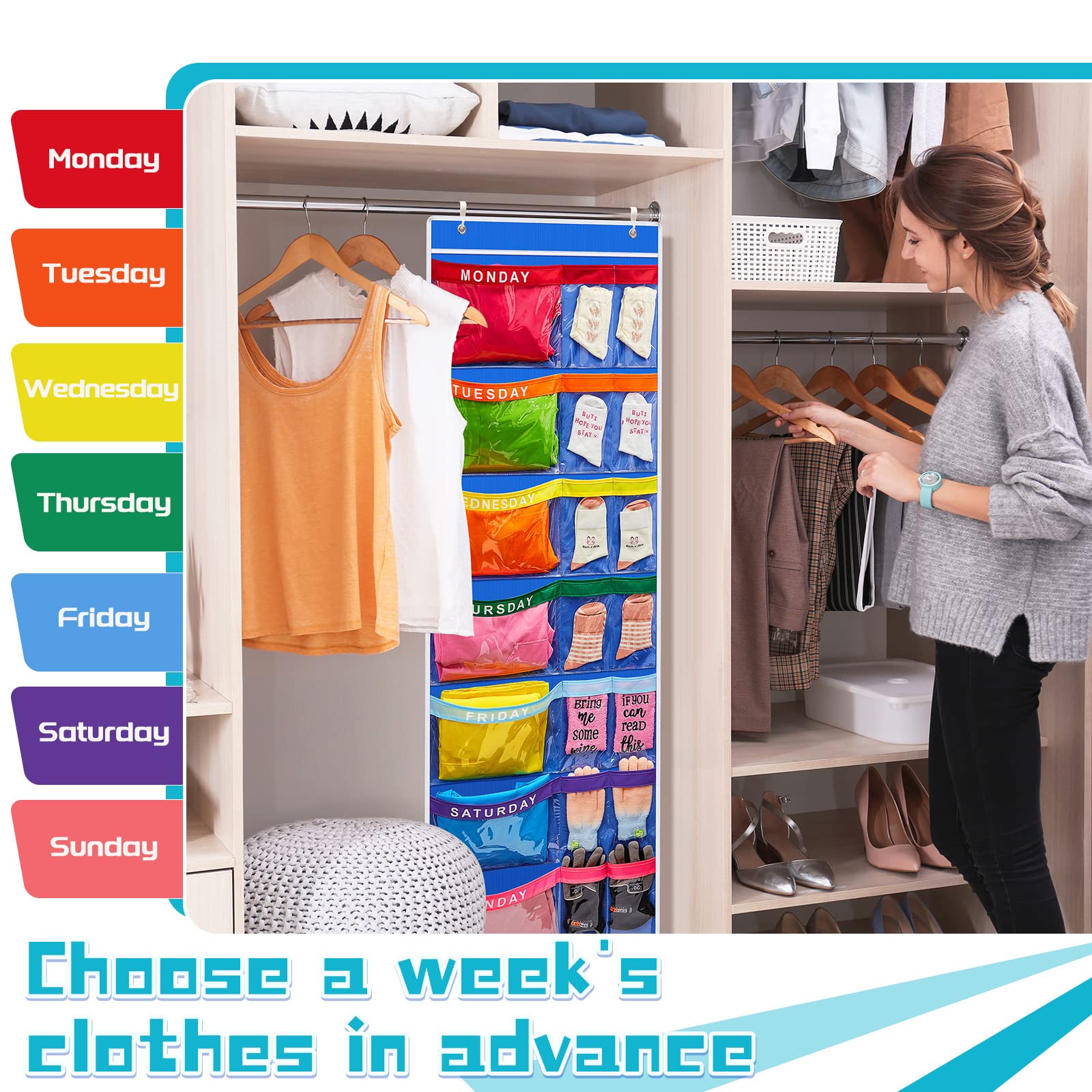 Oudain 2-Pack Weekly Kids Clothes Organizer - Monday to Friday Hanging Closet Storage for School Outfits & Children's Wardrobe (Blue) | Perfect for Busy Parents to Plan Weekly Outfits & Save Morning Time