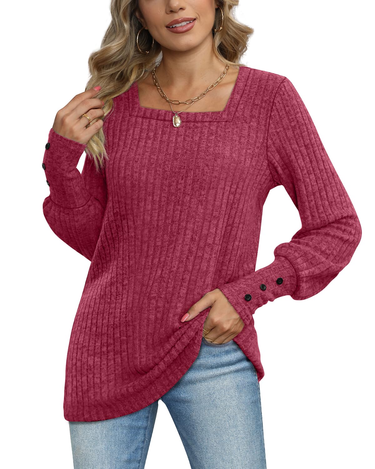Aokosor Women's Long Sleeve Square Neck Button Tunic Jumper - Casual Office Wear & Layering Essential for Fall/Winter Fashion