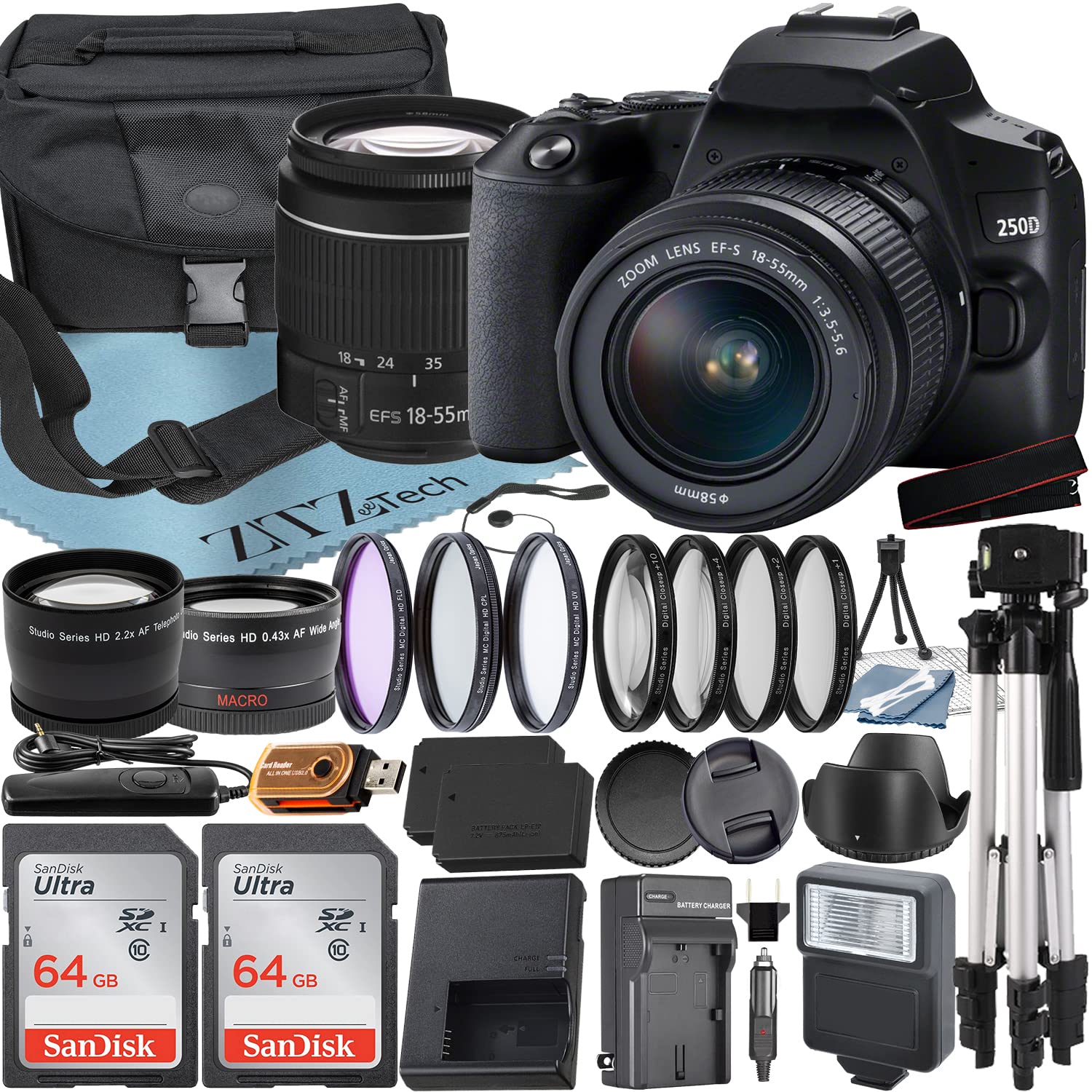 Canon EOS 250D / Rebel SL3 DSLR Camera with EF-S 18-55mm Lens Kit | ZeeTech Accessory Bundle Includes 2x SanDisk 64GB SD Cards, Camera Case, Tripod, Flash & Wide Angle Lens | Perfect for Travel Photography, Vlogging & Beginner Photographers