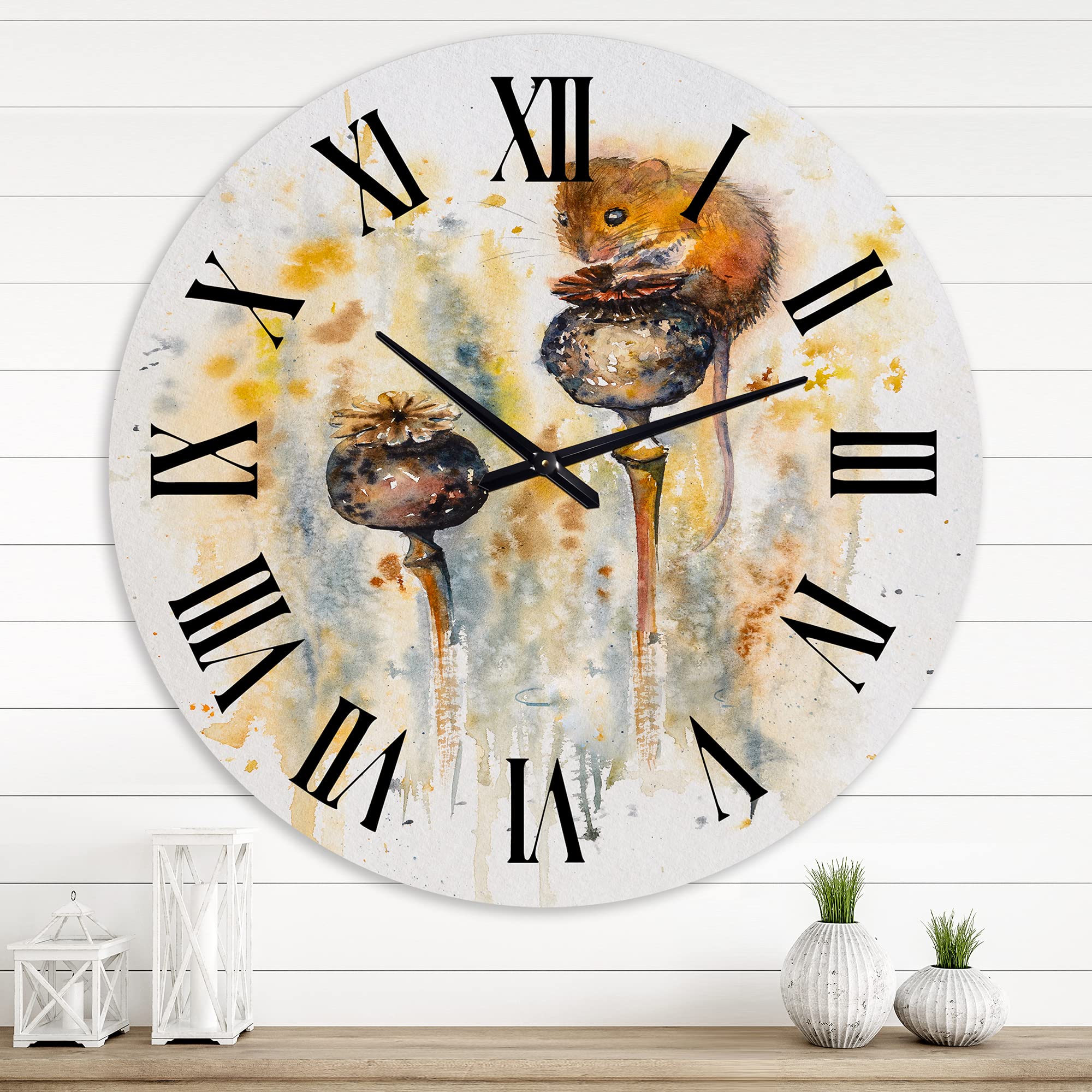 DesignQ Traditional Wall Clock 'Mouse Sitting On Poppies' - Large Animal Wall Clock for Home & Office Decor - Perfect for Living Room, Bedroom, and Workspace