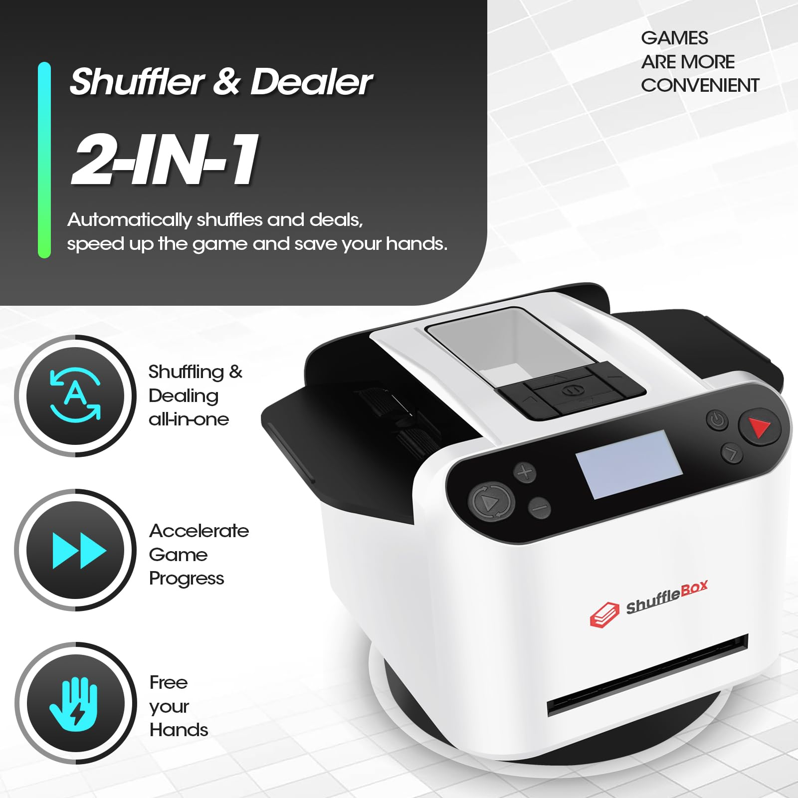 G1 Pro 2025 Automatic Card Shuffler and Dealer 2-in-1 - Ultra Quiet Rechargeable Poker Machine with Remote Card Calling for 12 Players - Perfect for Casino Nights, Poker Parties, and Family Board Game Nights (White)