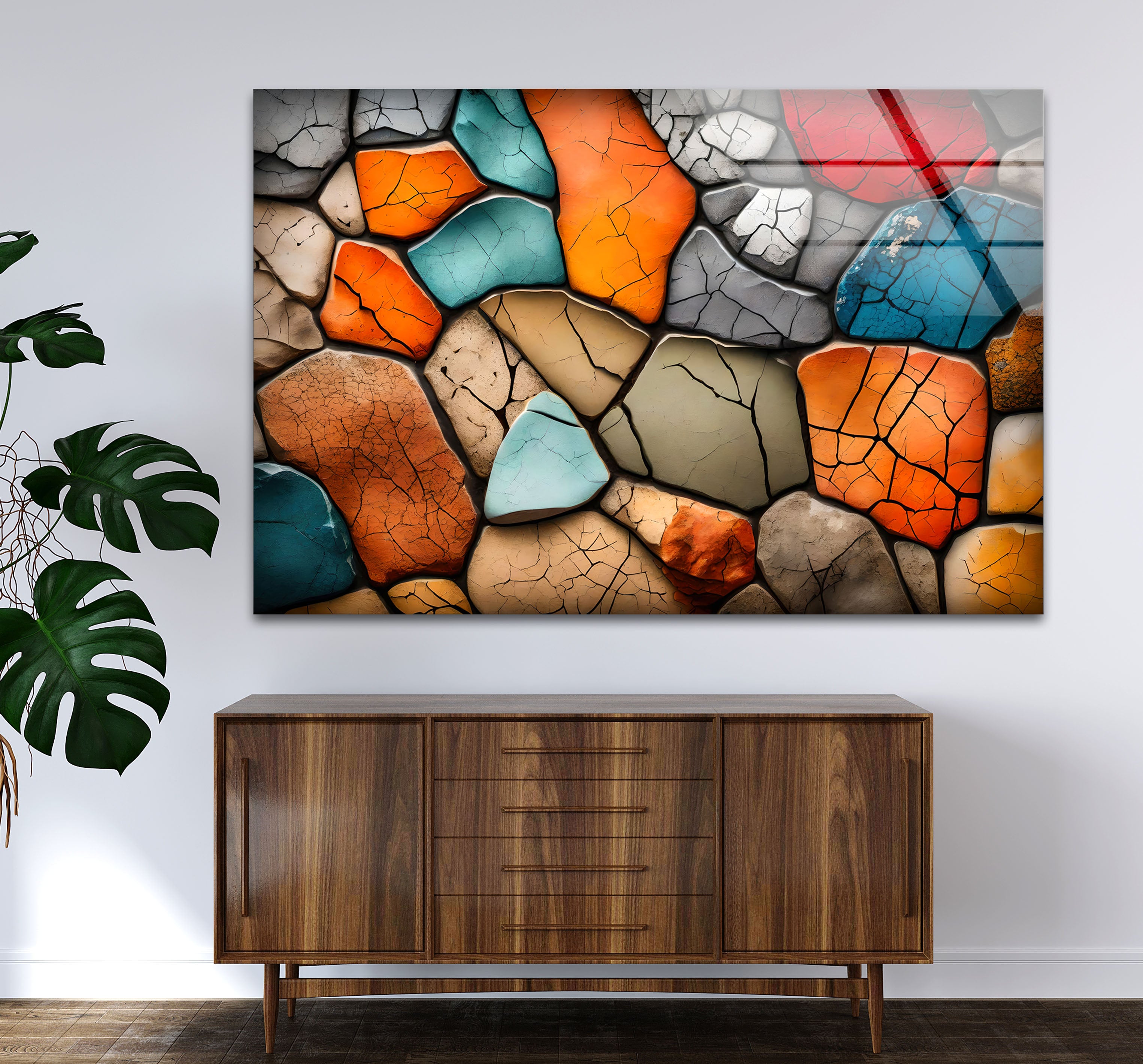 Vibrant Stone Mosaic Wall Art - Cracked Texture Abstract Glass Print | Modern Home Decor for Living Room, Bedroom & Office