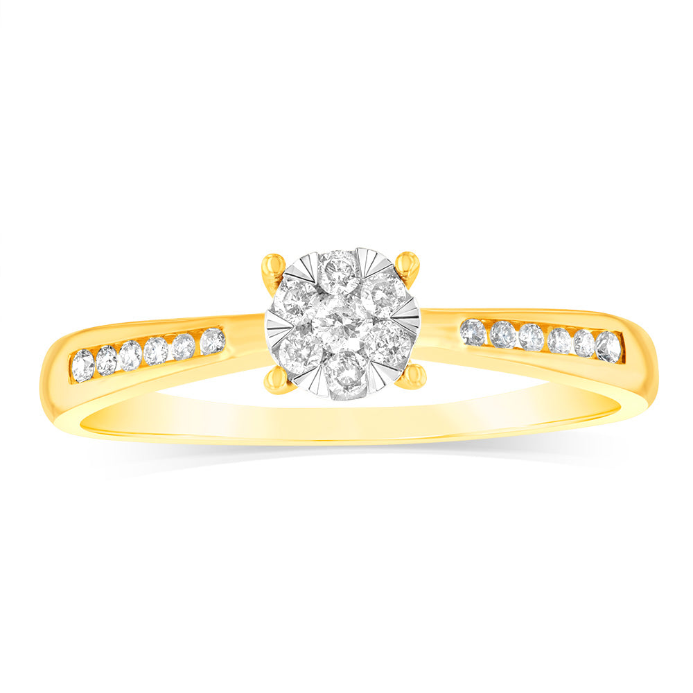 9ct Yellow Gold 1/4 Carat Round Cluster Diamond Ring for Women - Elegant Wedding, Engagement & Anniversary Jewelry Gift