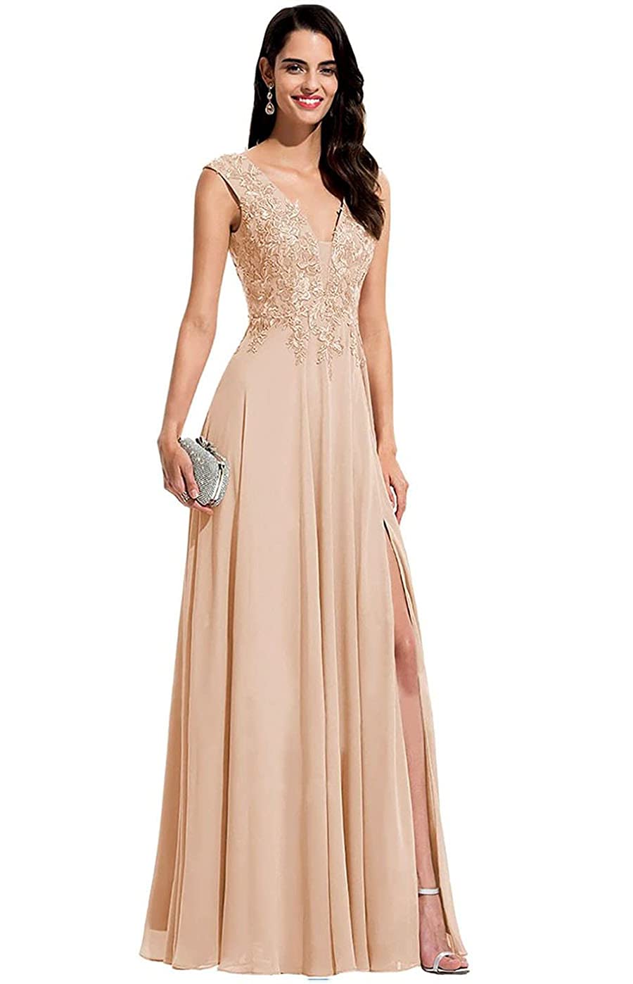 Elegant V-Neck Chiffon Bridesmaid Dresses with Lace Appliques - A-Line Long Formal Gowns with Side Slit for Weddings, Proms & Special Occasions