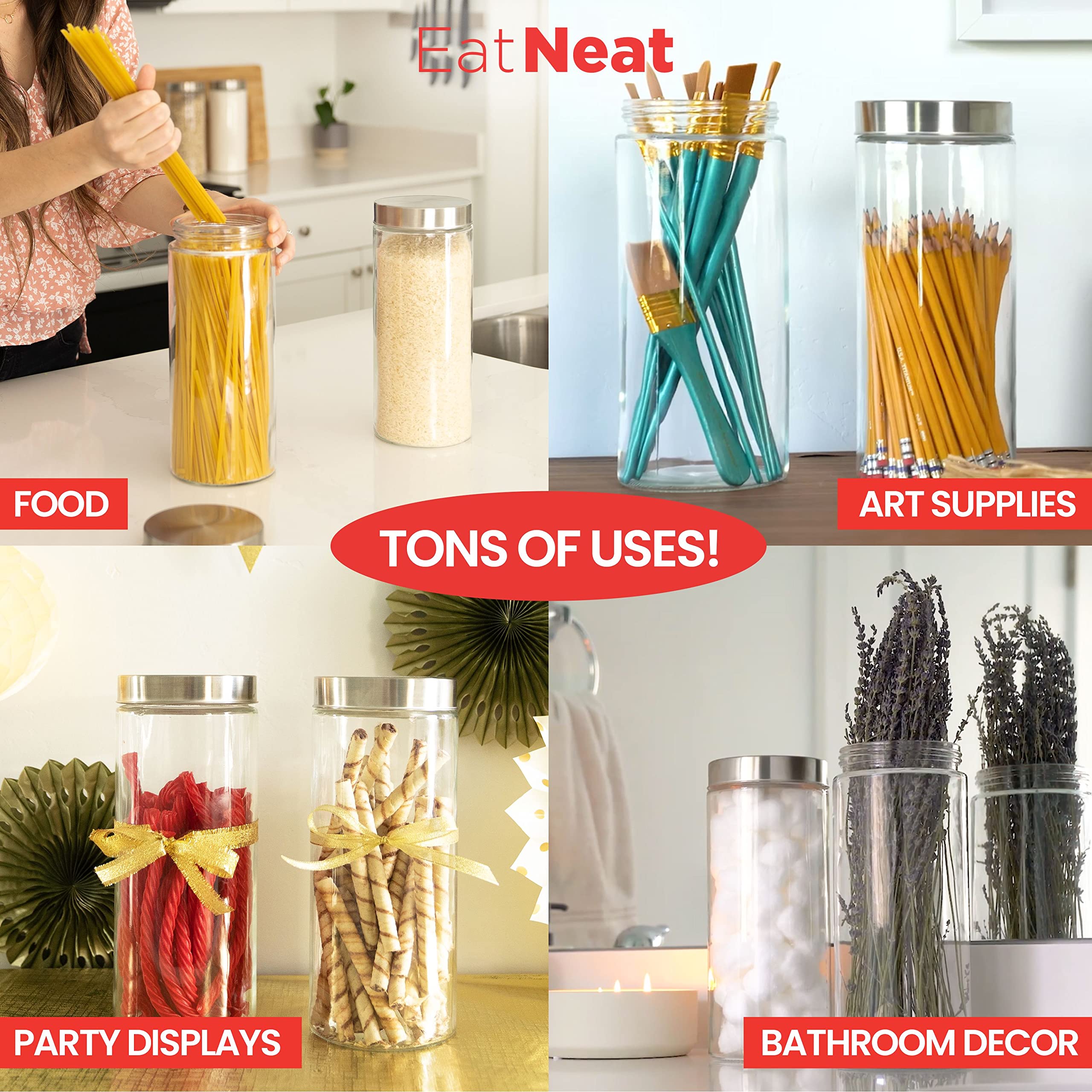 EatNeat 6-Piece Glass Canisters Set with Airtight Stainless Steel Lids - Tall Pantry Storage Jars for Flour, Sugar, Coffee & Kitchen Organization - Perfect for Baking, Meal Prep & Home Decor
