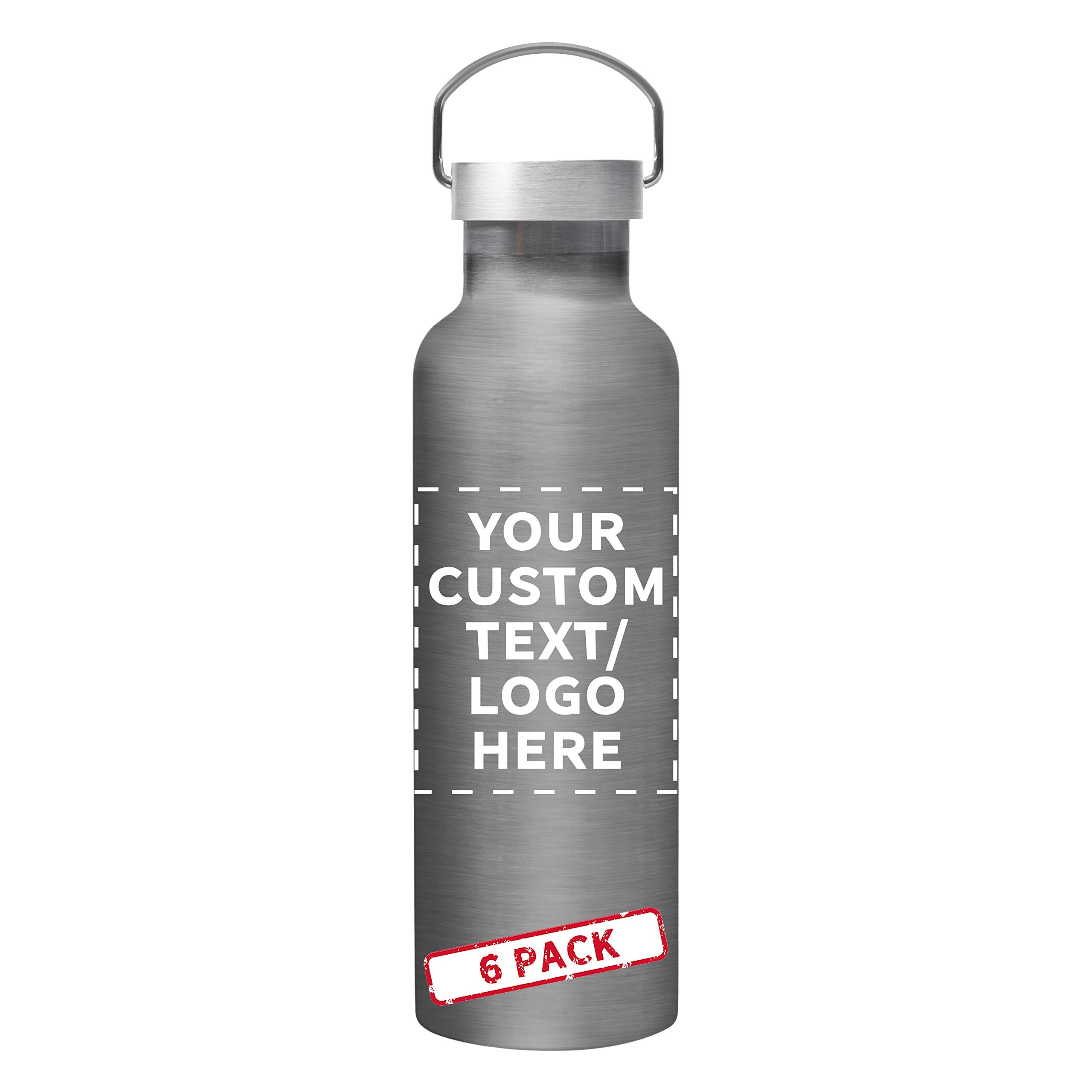 6-Pack 25 oz Stainless Steel Water Bottles with Custom Text & Logo - Double Wall Insulated, Wire Handle - Perfect for Camping, Hiking, Gym & Outdoor Activities