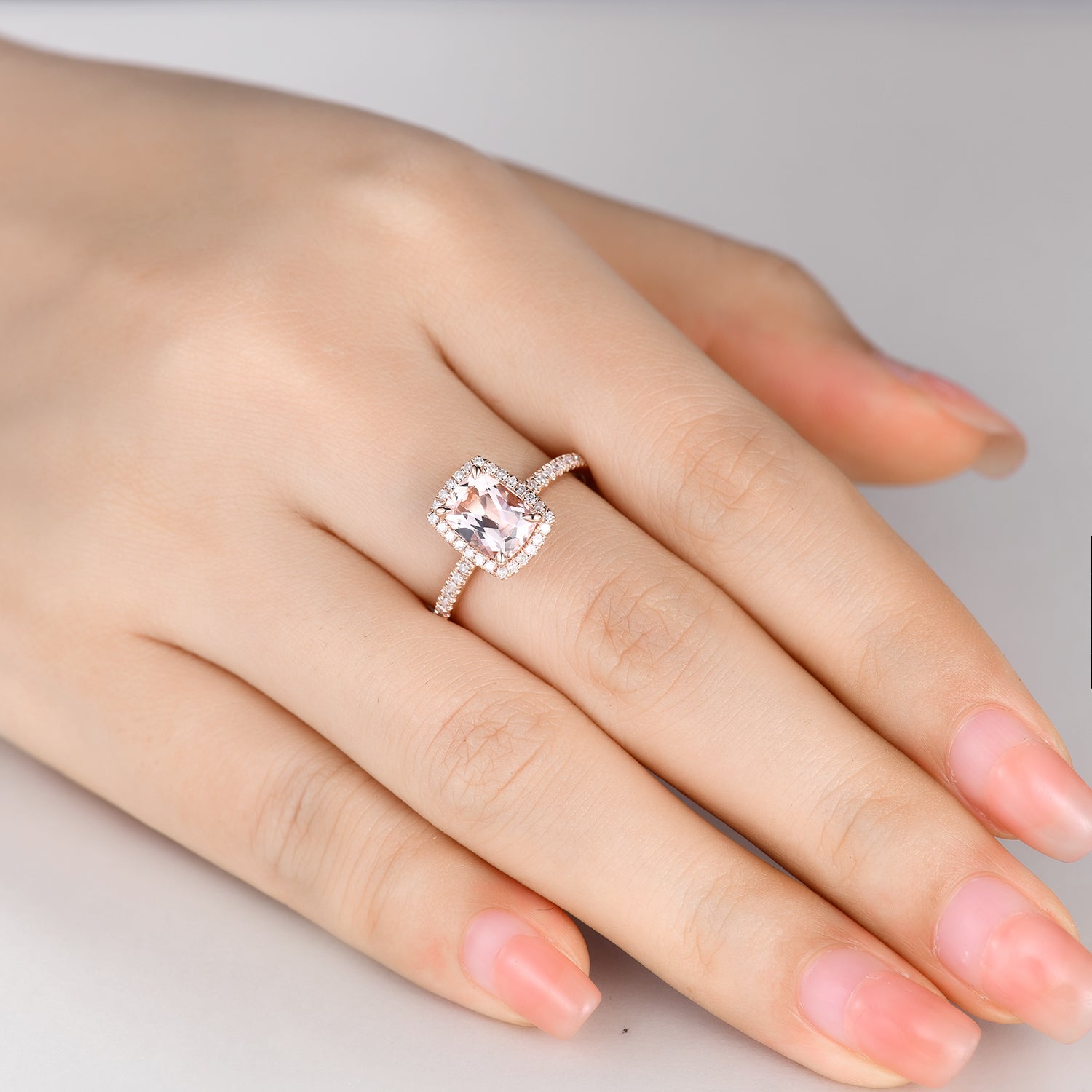 5x7mm Morganite & Diamond Halo Engagement Ring - Petite Thin Band for Women, Wedding Proposal, Anniversary Gift, Bridal Jewelry