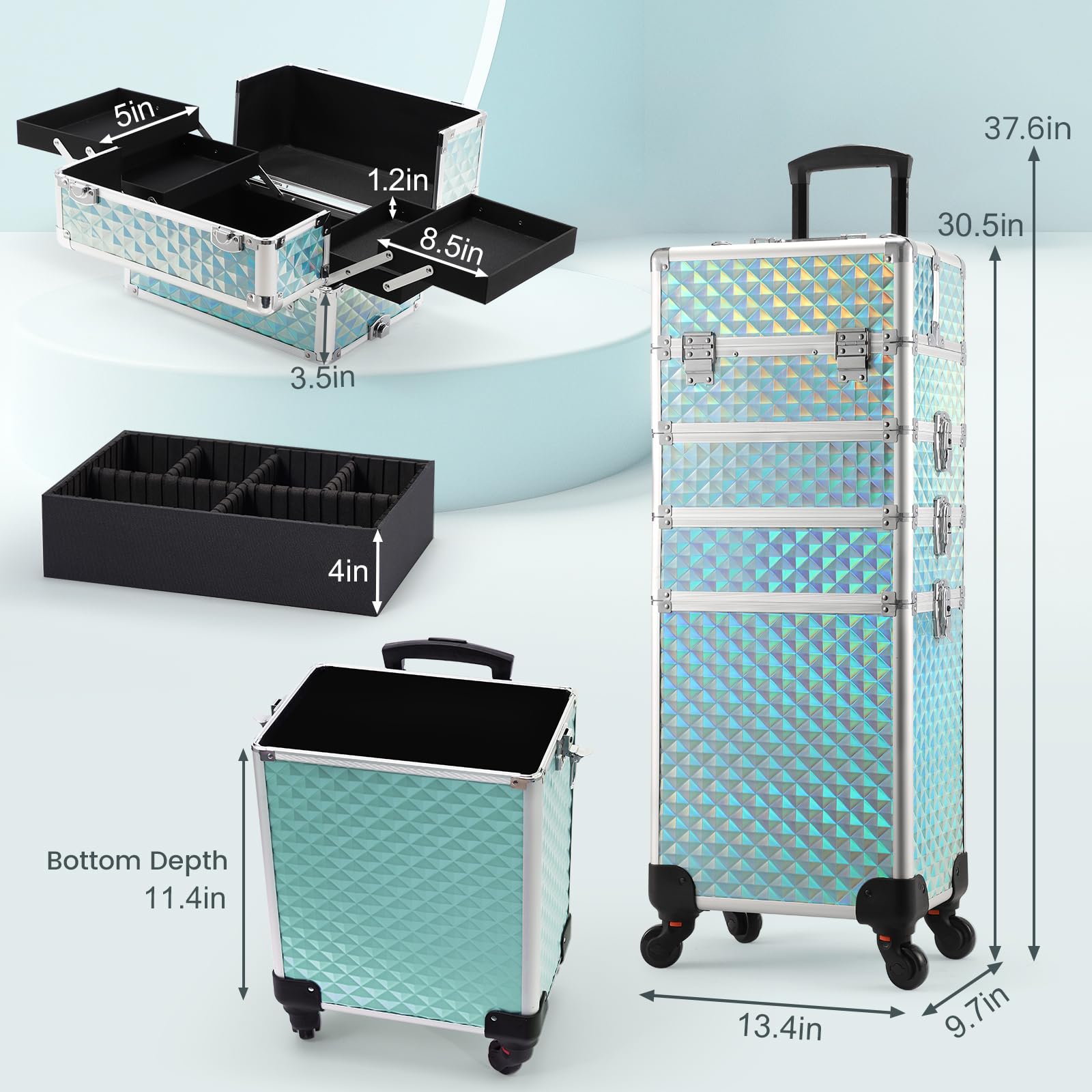 4-in-1 Rolling Makeup Case with Wheels - Professional Cosmetic Trolley & Cosmetology Cart for Makeup Artists, Hairstylists, Nail Techs & Salons - Large Capacity Turquoise Beauty Organizer - Perfect for Mobile Makeup Services, Salon Storage & Travel Cosmetics Organization