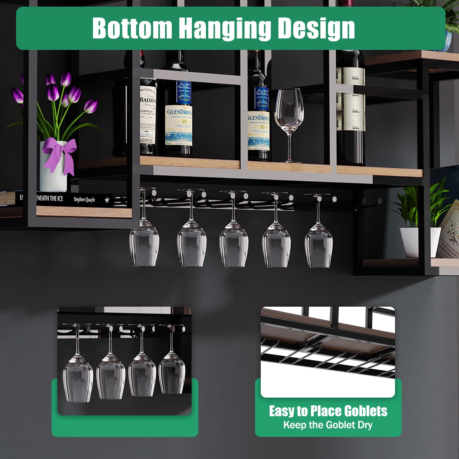 Metal & Wood Wall Mounted Wine Bottle Rack - Multi-Functional Wine Storage Display with Glass Holder for Home, Kitchen & Bar - Perfect for Organizing Wine Collections & Entertaining Guests