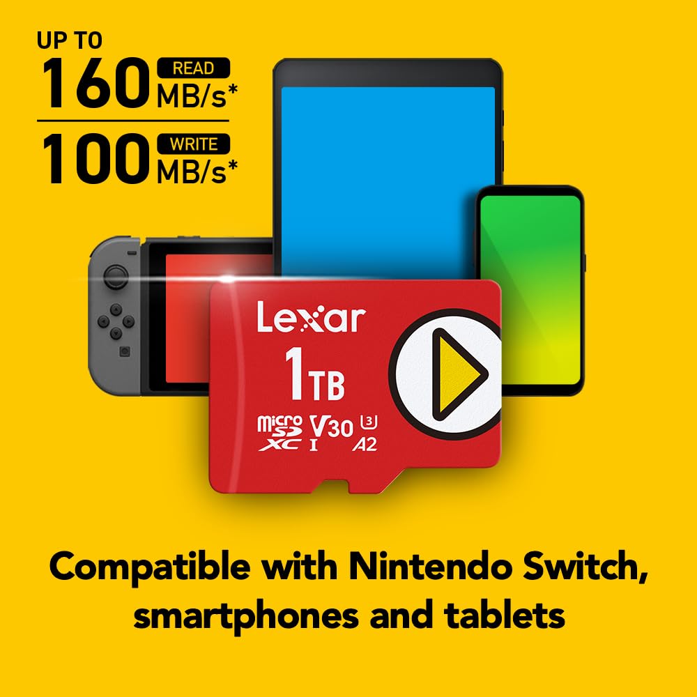 Lexar 1TB (2-Pack) Play microSDXC Card with SD Adapter - UHS-I, U3, V30, A2 - 4K Video Support - Up to 160MB/s Read & 100MB/s Write - High-Speed Memory Card for Nintendo Switch, Gaming Devices, Smartphones & Tablets - Perfect for Gaming, Photography & Media Storage (LMSPLAY001T-B2ANU)