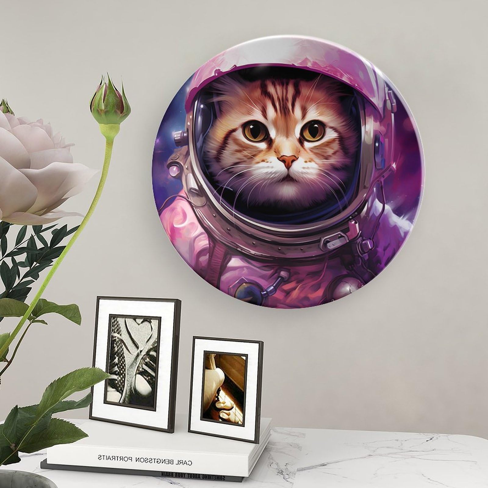 Space Cat Ceramic Decorative Plate with Stand - Unique Kitchen & Home Decor for Dining Display | Perfect for Wall Art, Gift Giving, and Themed Dinner Parties