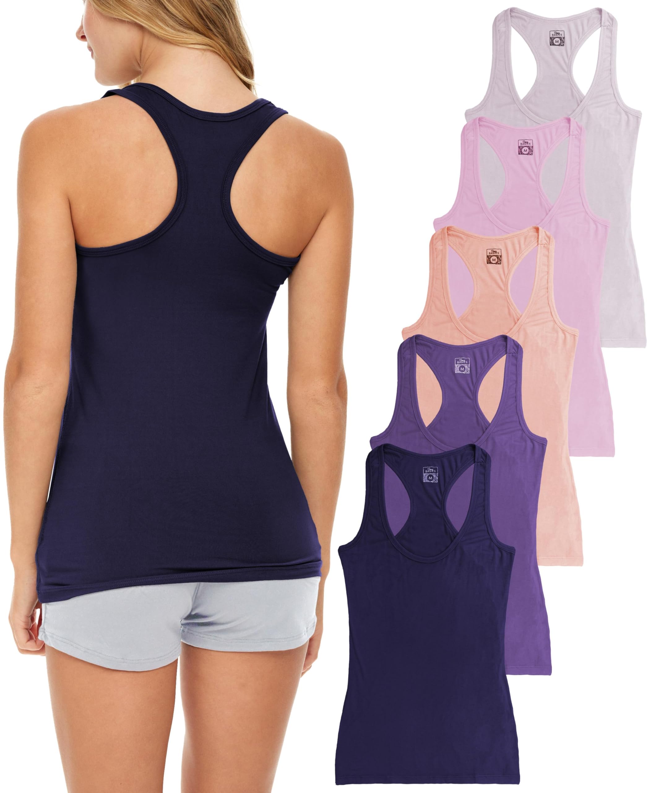 Women's 5 Pack Racerback Tank Tops - Cotton Spandex Stretch Workout Tops for Yoga, Gym & Casual Wear | Sexy Basics PowerFlex Collection