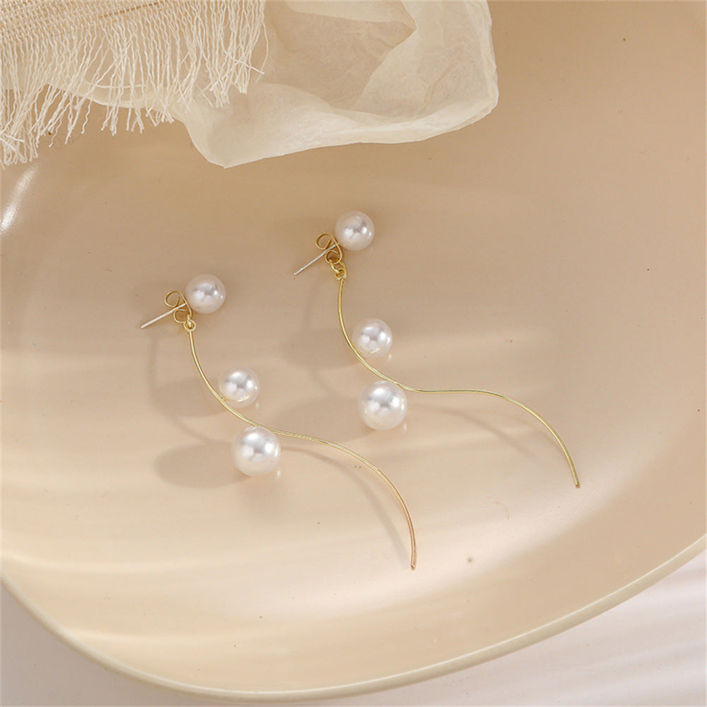 Elegant Classic Curve Pearl Long Drop Earrings for Women | HE10215 | Perfect for Weddings, Parties & Formal Events
