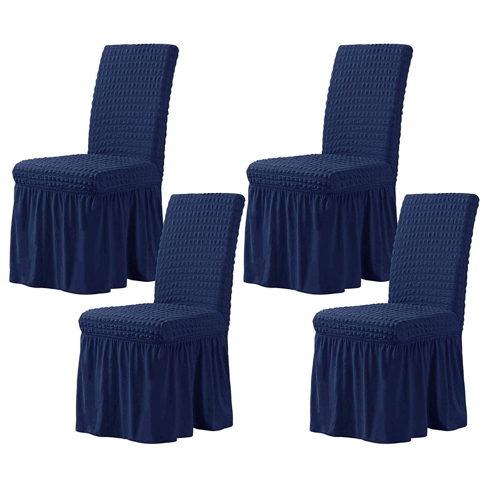 Stretch Seersucker Dining Chair Covers with Skirt - Washable & Removable Kitchen Chair Protectors for Hotel, Restaurant & Home Use - Navy Blue (Set of 4) - Perfect for Formal Dining, Everyday Meals & Special Occasions