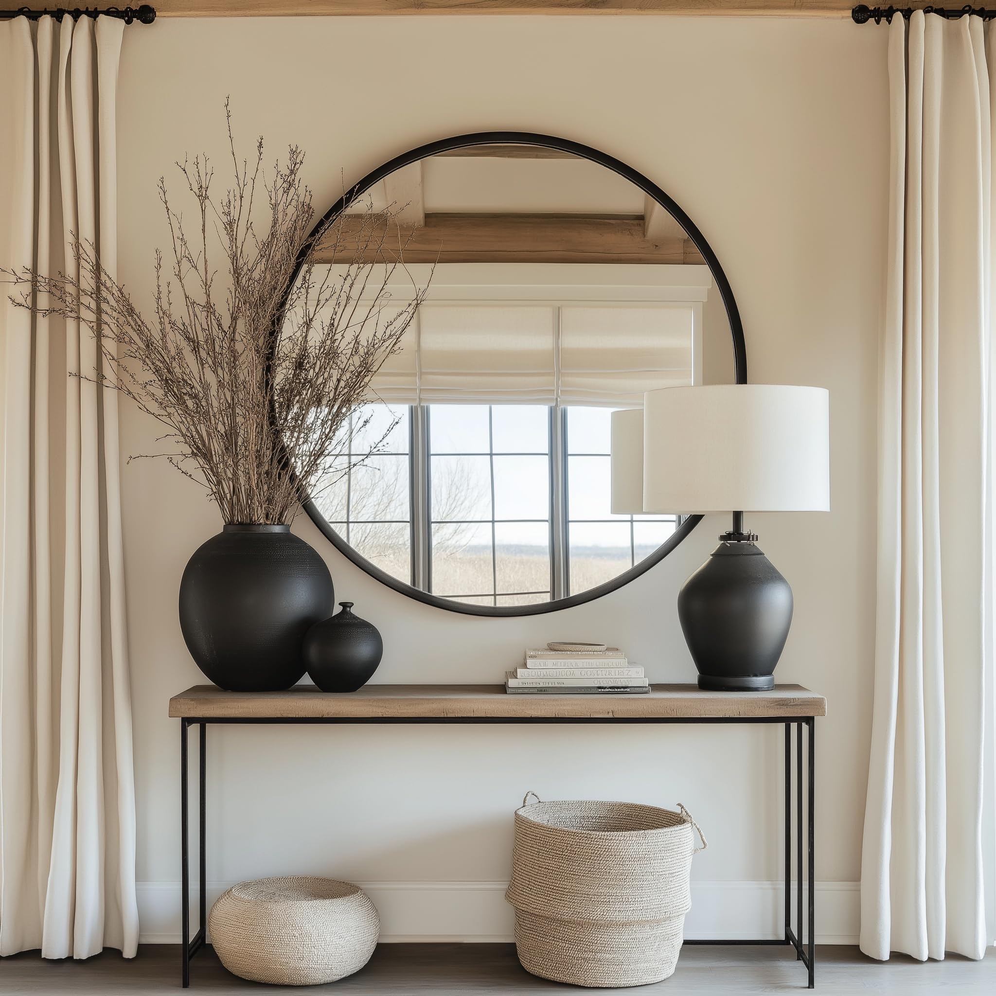 42 Inch Round Black Wall Mirror - Large Circle Bathroom Mirror for Living Room, Bedroom, Vanity, Entryway & Hallway - Perfect for Home Decor & Makeup Area Lighting