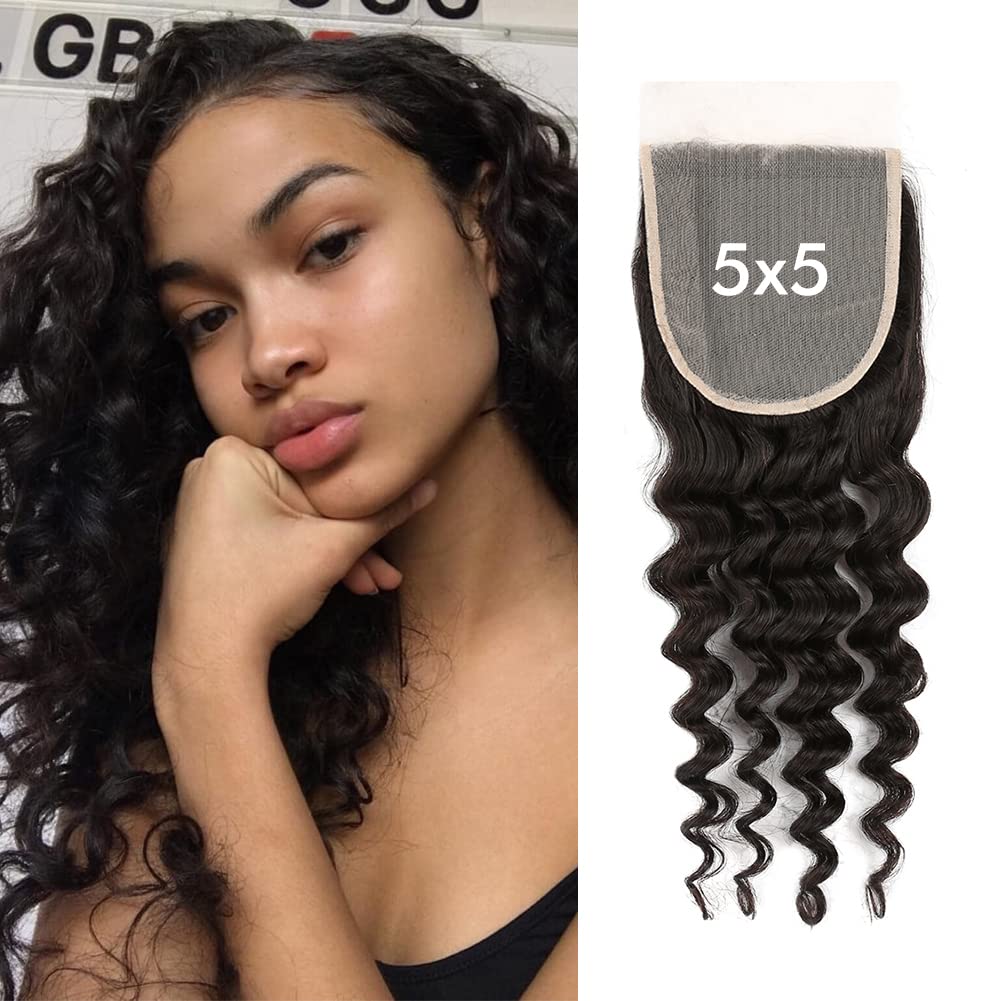 10A Premium 100% Virgin Brazilian Human Hair 5x5 Lace Closure - 16inch Loose Deep Wave 130% Density with Baby Hair (Natural Color) | Perfect for Sew-In Weaves, Protective Styling & Everyday Glam Looks